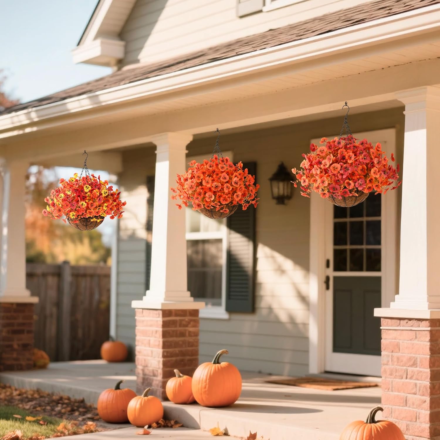 INQCMY Artificial Fall Flowers for Outdoor, 12 Bundles Faux Pansy Fake Mums Flowers Plants Outdoor Fall Decor, UV Resistant No Fade Silk Flower for Porch Planter Patio Yard Garden(Orange Autumn Red) - Image 5