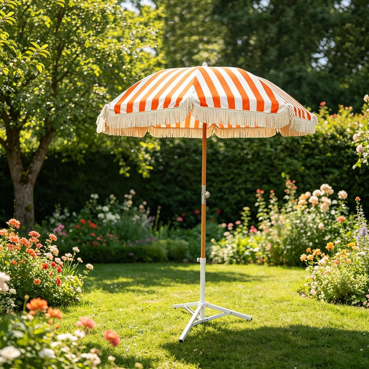 Sombrilla de Jardín con Flecos y Inclinable, 240 cm Sombrilla de Playa Boho Portátil e Impermeable para Terraza o junto a la Piscina