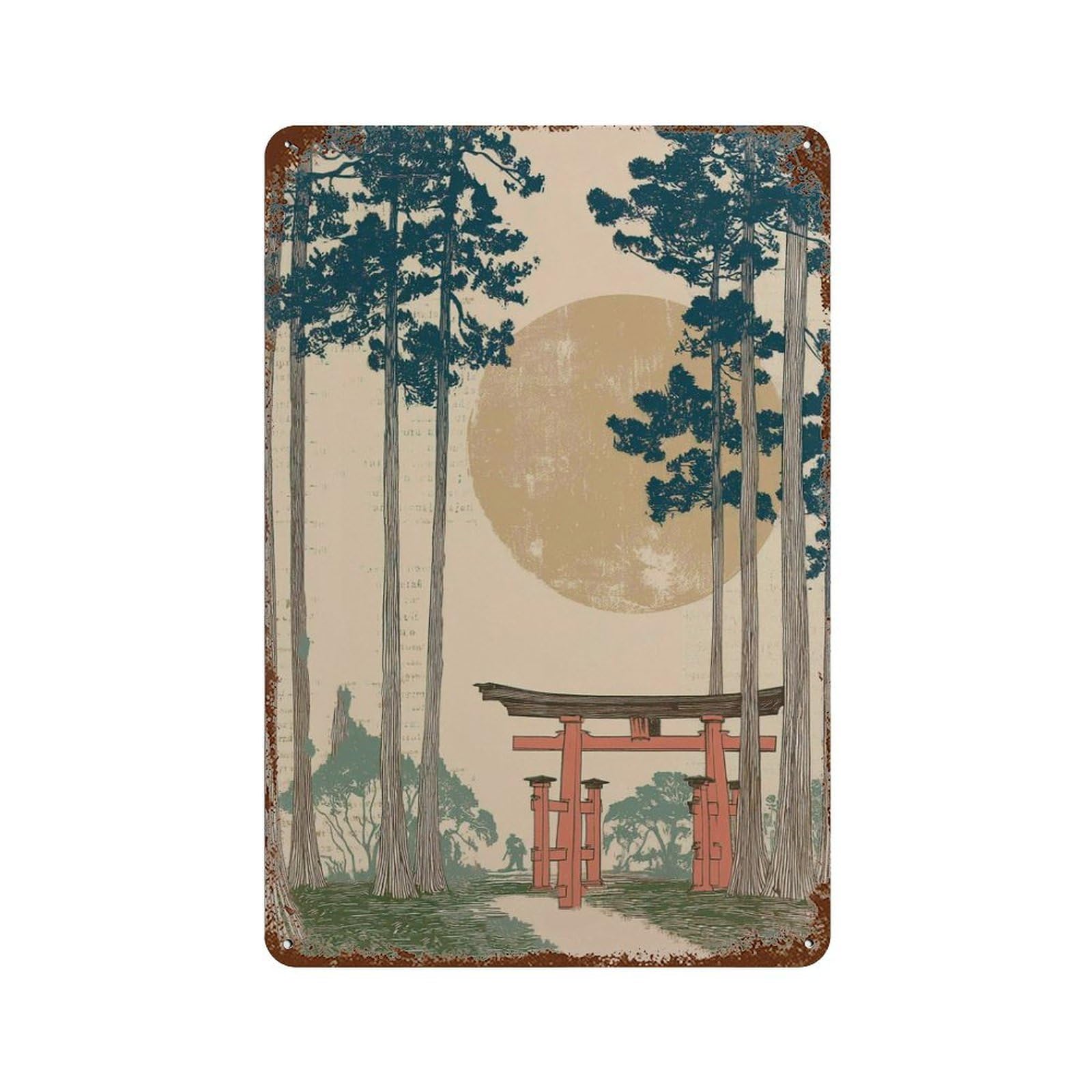 xiaoxiaoshen Moonlit Torii Gate Japanese Woodblock Style Zen Forest Traditional Shinto Shrine Wall Decor Art Metal Tin Poster Modern Home Decor Art Home Bar Shop Decorations Vintage Sign 30x20cm