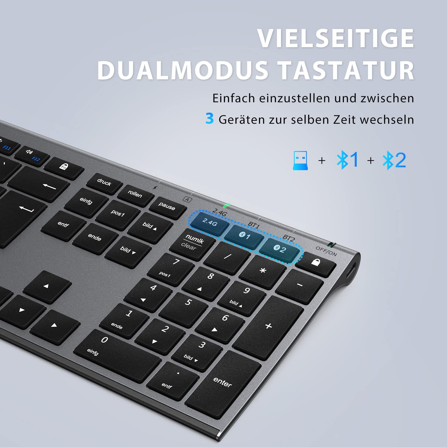iClever Bluetooth Tastatur mit Maus, Wiederaufladbare Dualmodus USB & Bluetooth Tastatur aus Metall, 3 Geräte Verbindung Deutsch QWERTZ Funktastatur, für PC/Tablet/MacOS (Grau)