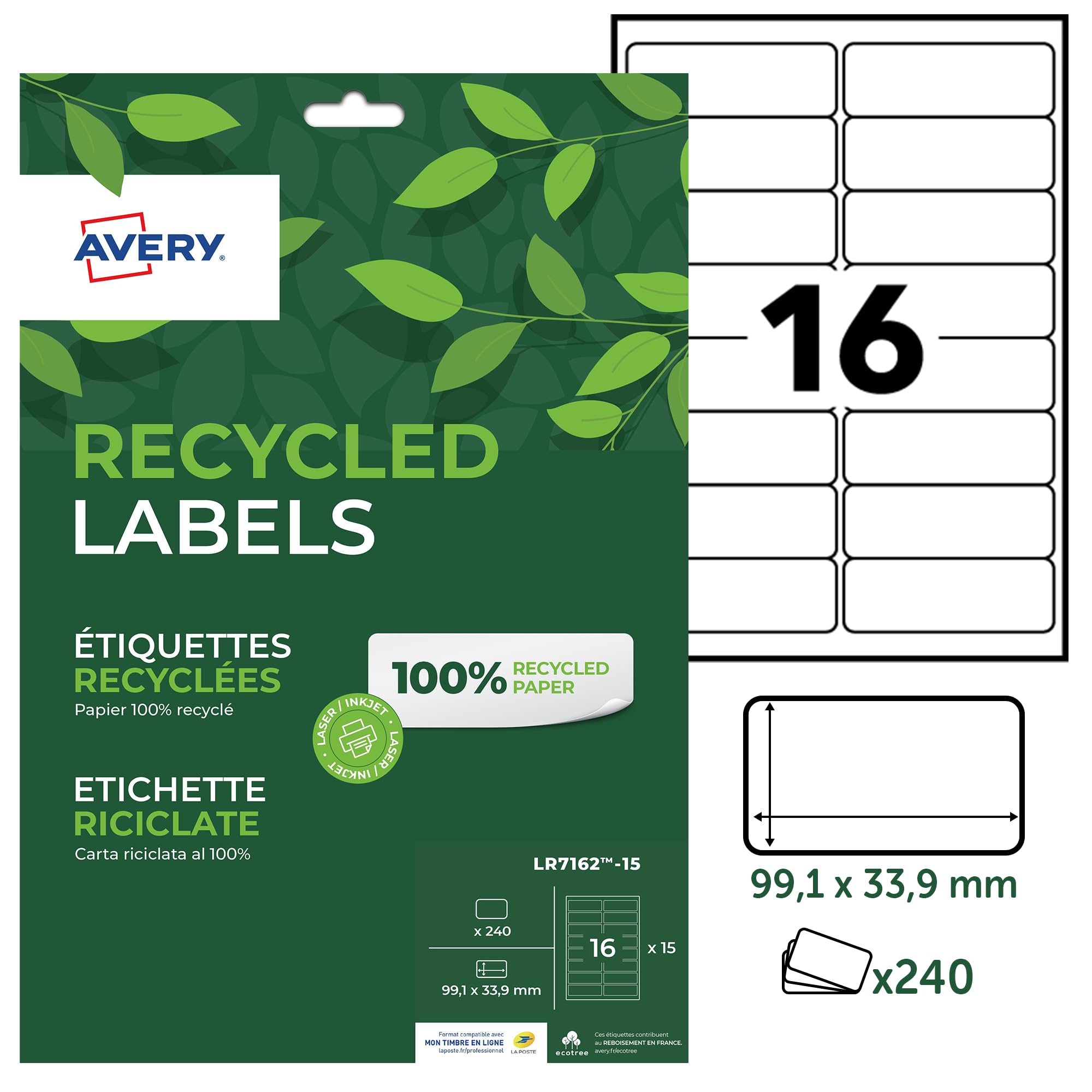 Avery - 240 White Customizable Self-Adhesive Labels - 100% Recycled - Size 99.1 x 33.9 mm - Laser and Inkjet Printing