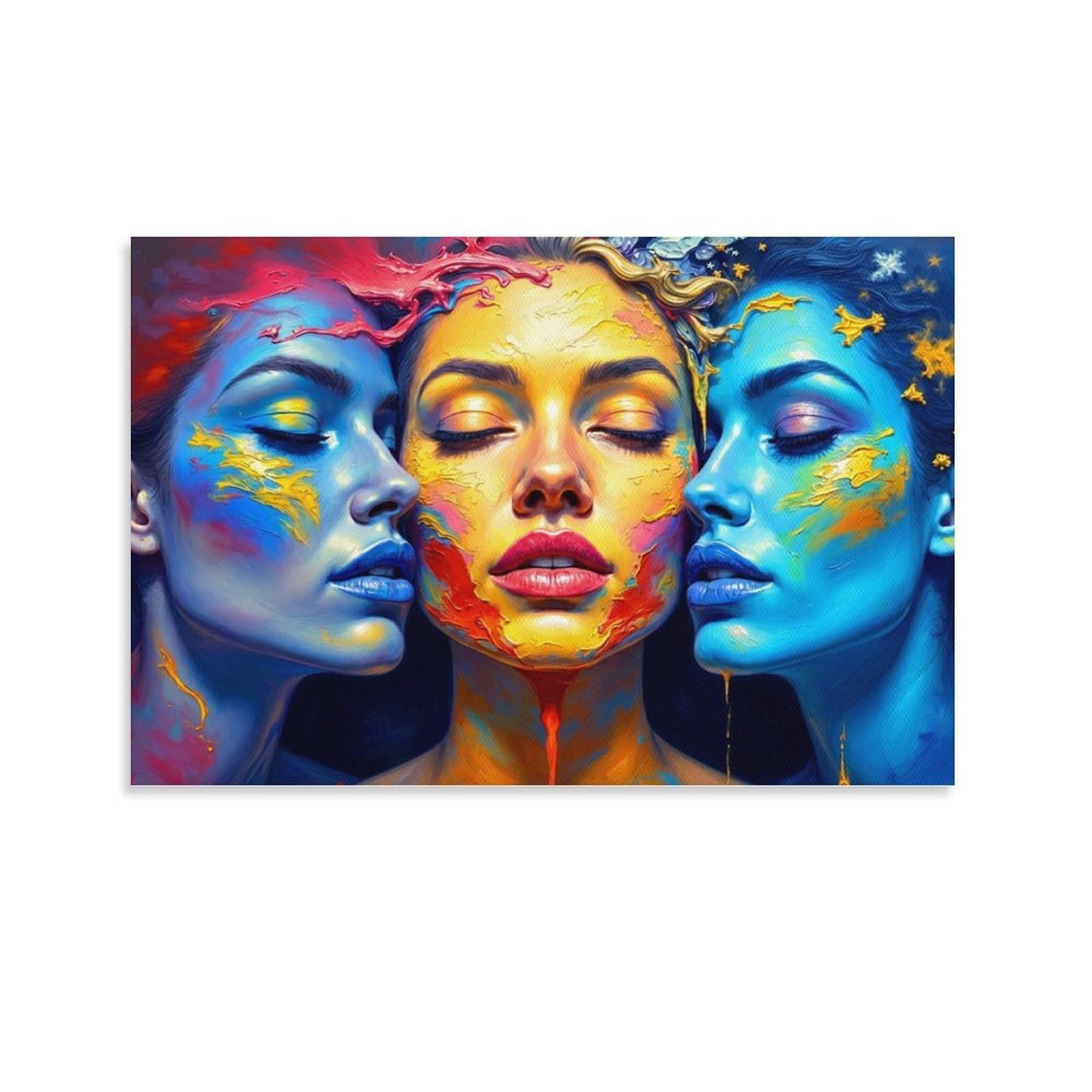 CPLVKWRQJ Abstract Art Women Faces Single Three Colorful Women Faces Canvas Wall Art - Gift for Her/Him Living Room Focal Point Ready to Hang Decor 12x18inch(30x45cm)