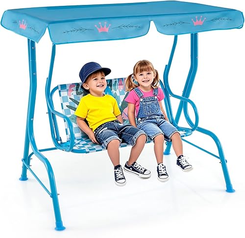 HONEY JOY Columpio de patio para niños, 2 plazas para porche al aire libre, toldo ajustable y cinturón de seguridad, resistente a todo tipo de