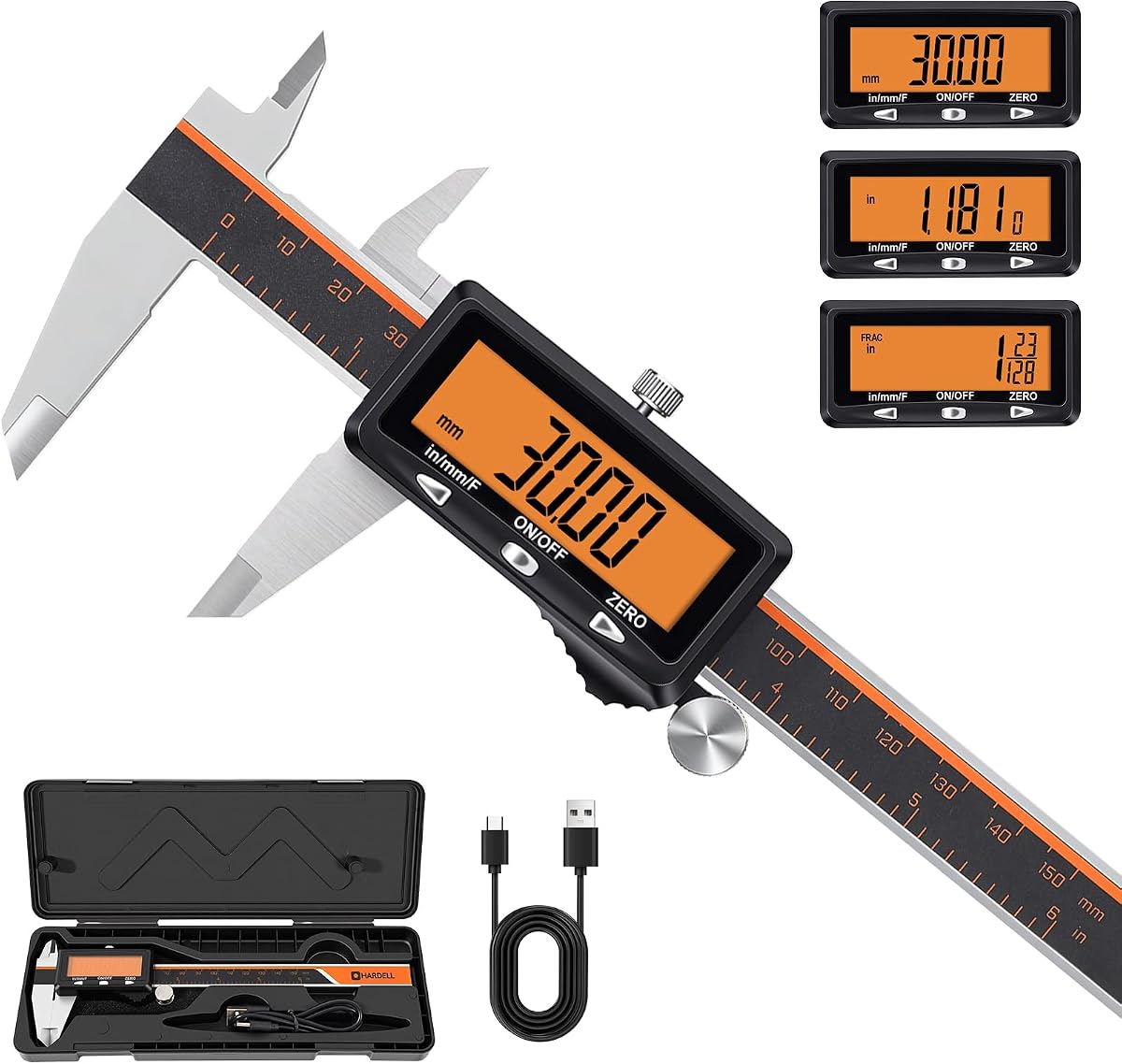 HARDELL Digital Caliper 6 Inch with Orange LCD, USB-C Calipers, Non-Backlit | Easy-read Orange LCD, Stainless Steel & USB-C Micrometer, Inch/mm/Fraction, Auto-Off. For DIY, 3D Printing, Hobbies