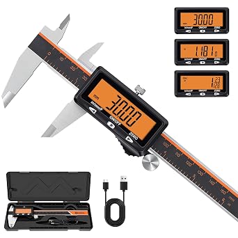 HARDELL Digital Caliper, 6" Rechargeable Caliper Measuring Tool with Large Orange Screen Non-Backlit, Stainless Steel Digital Micrometer with Auto-Off, Inch/MM/Fraction for DIY/Household/3D-Printing