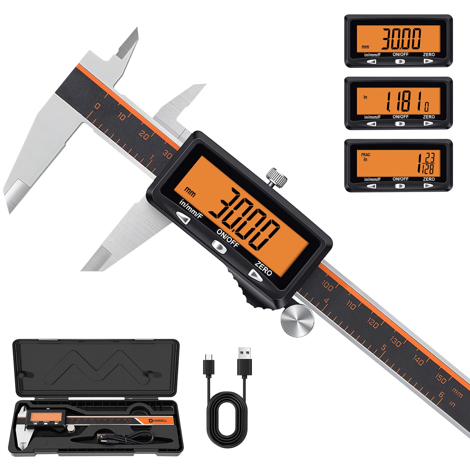 Calibrador digital de 6 pulgadas, recargable, con pantalla naranja grande (sin retroiluminación), de acero inoxidable, con apagado automático, mide en pulgadas, milímetros y fracciones para bricola