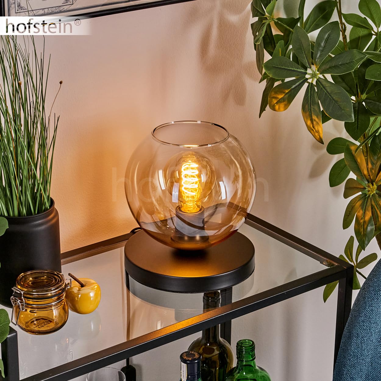 Tischleuchte Apedo, Tischlampe aus Metall/Glas in Schwarz/Bernstein/Klar, Leuchte im modernen Retro/Vintage-Design mit Schirm aus Glas (Ø 20 cm) u. An/-Auschalter am Kabel, 1 x E27, ohne Leuchtmittel