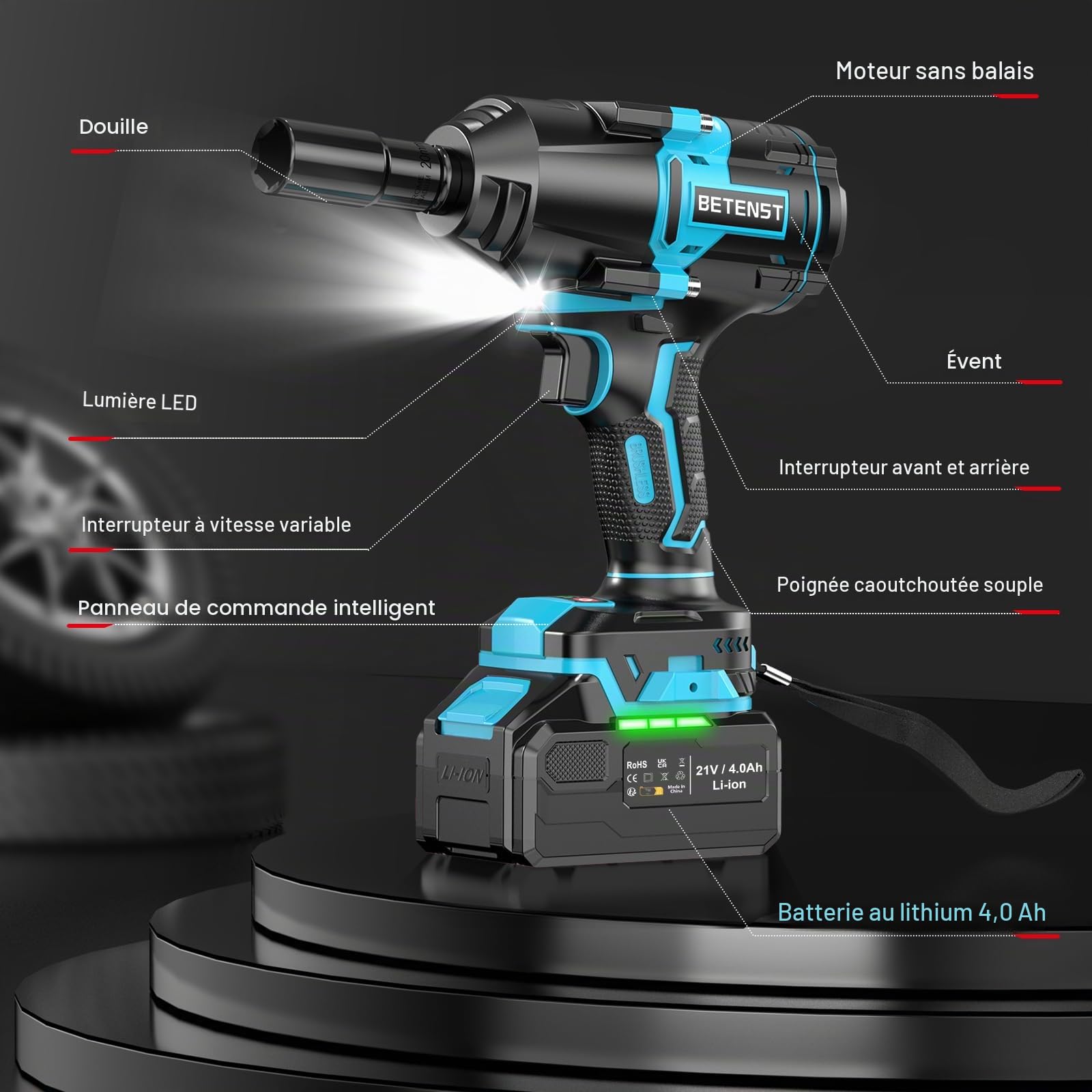 BETENST Clé à Chocs Sans Fil 1000N.m, Brushless Boulonneuse a Choc Electrique 1/2" avec 4,0 Ah Batterie, 5 Douilles à Chocs, 21V Visseuse à Chocs avec pour Boulonner et Déboulonner