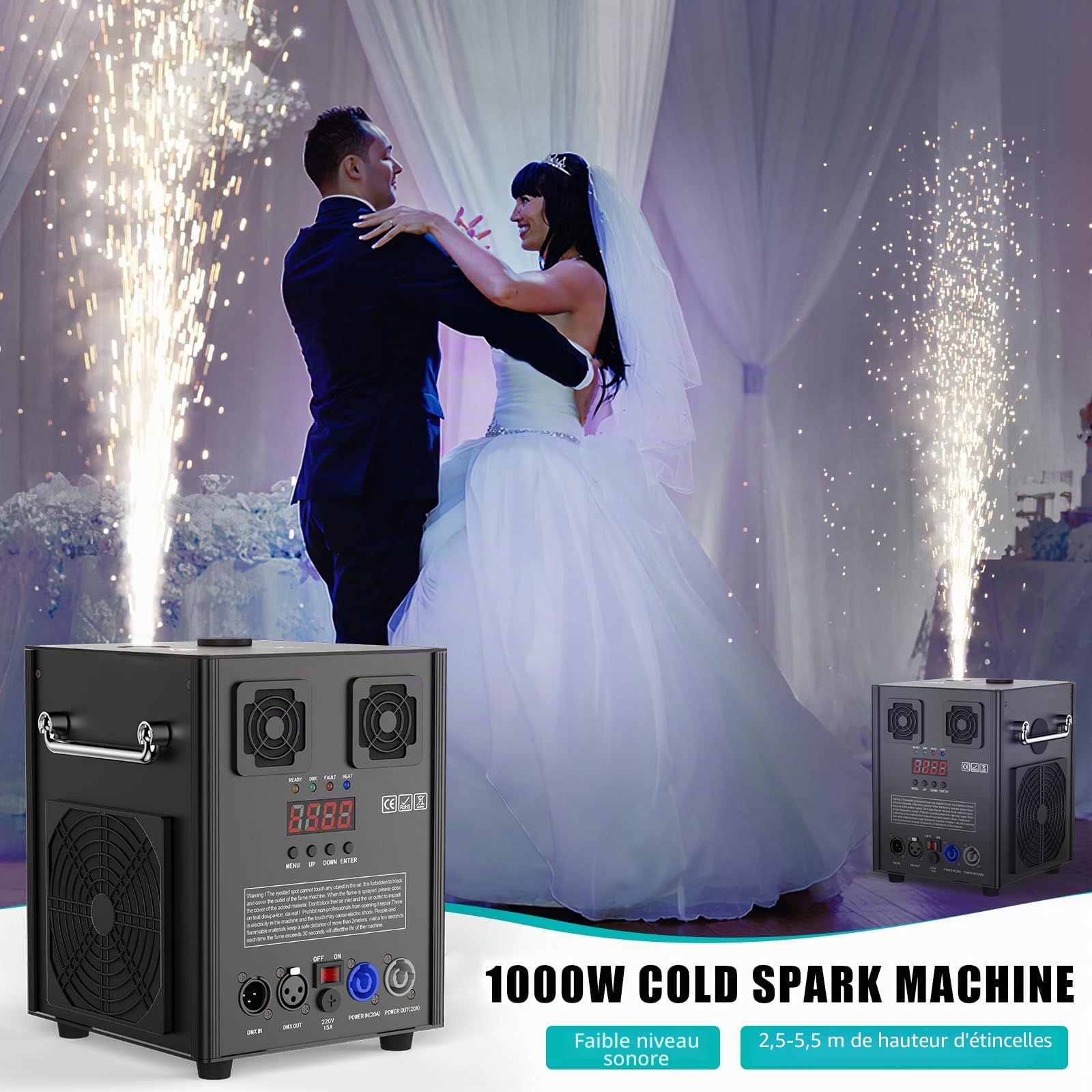 1000W Noirs Machine à Étincelles à Froid, Machines à Effets Spéciaux avec d-mx512 Télécommande Sans fil Machines Pyrotechniques pour Mariage Bar Scène Fête Halloween Noël Mariages