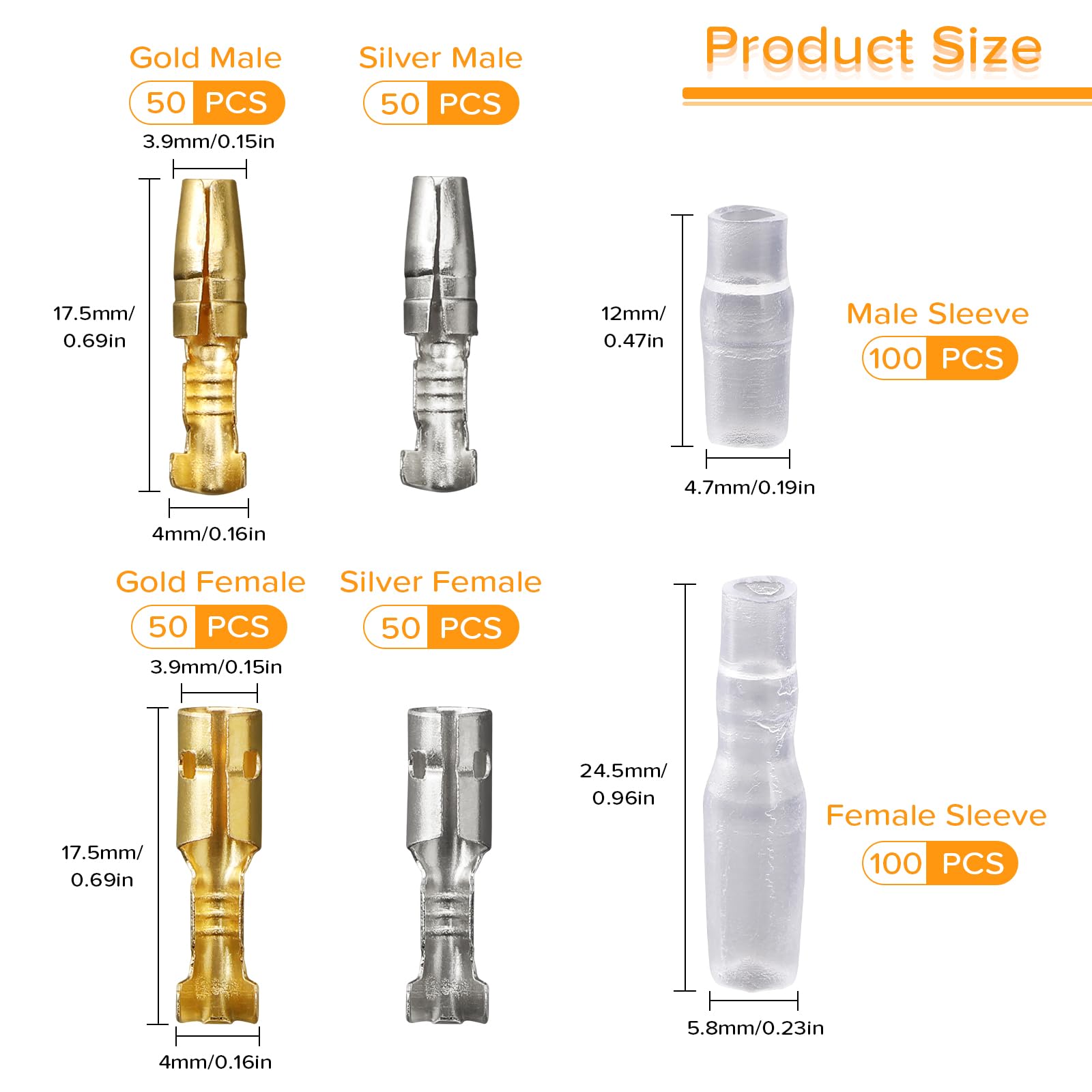 400 Pièces 3.9mm Bullet Connecteurs Kit, Bullet Mâle et Femelle Fil Bornes Connecteur, avec Manchons Isolants, pour Moto Moto Voiture Camion Scooter Bateaux, Dorés/Argent