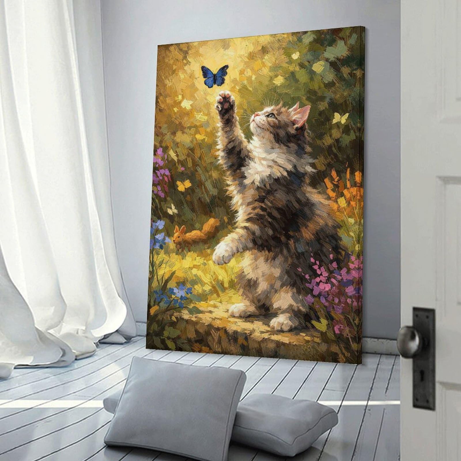 Junmoney Kitten Playing with Butterfly Wall Art Print 20x30inch(50x75cm), for Hallway, Entryway Or Landing, Wall Decor to Refresh Empty Corners, for Cosy Room Updates