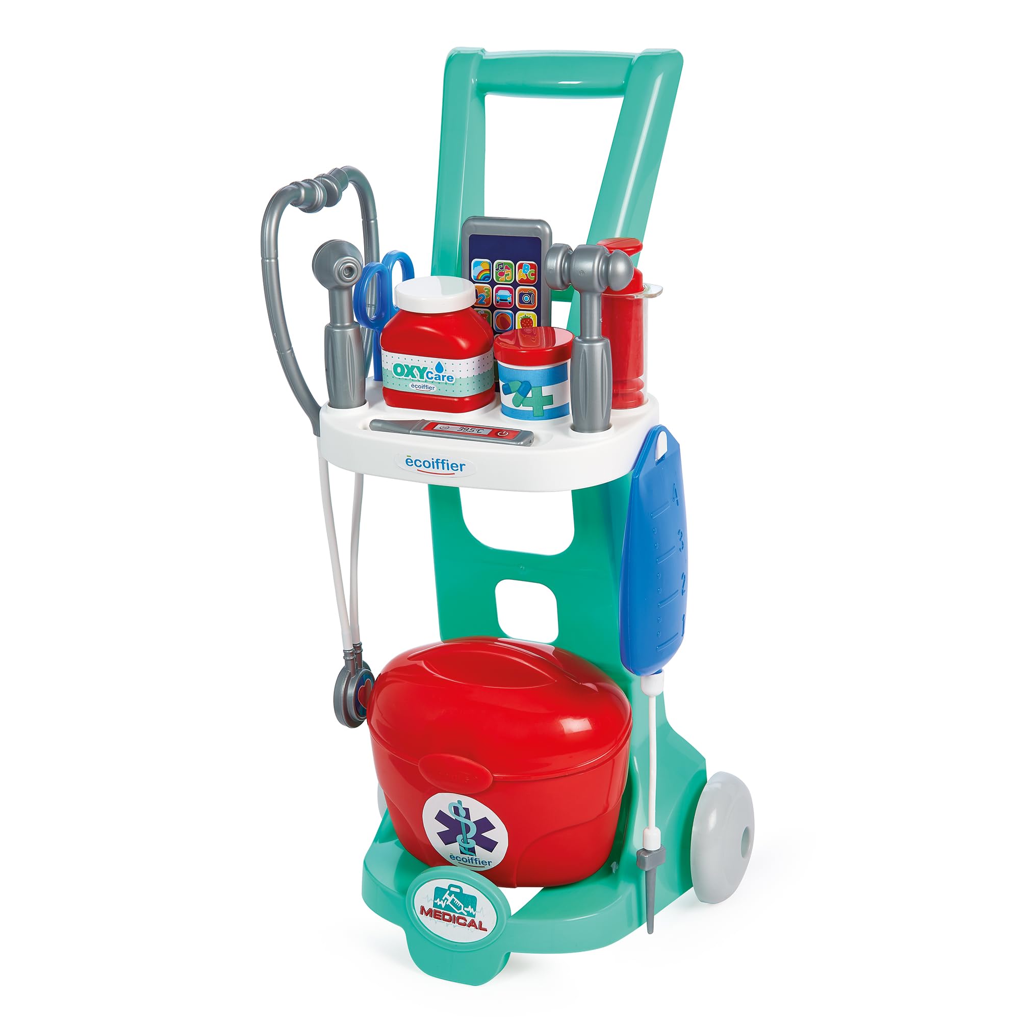 Ecoiffier Jouets 1902 - Chariot Médical - Mallette Docteur + Stéthoscope + Perfusion + Accessoires - Jeu d'Imitation Médecin - Dès 18 Mois - Fabriqué en France