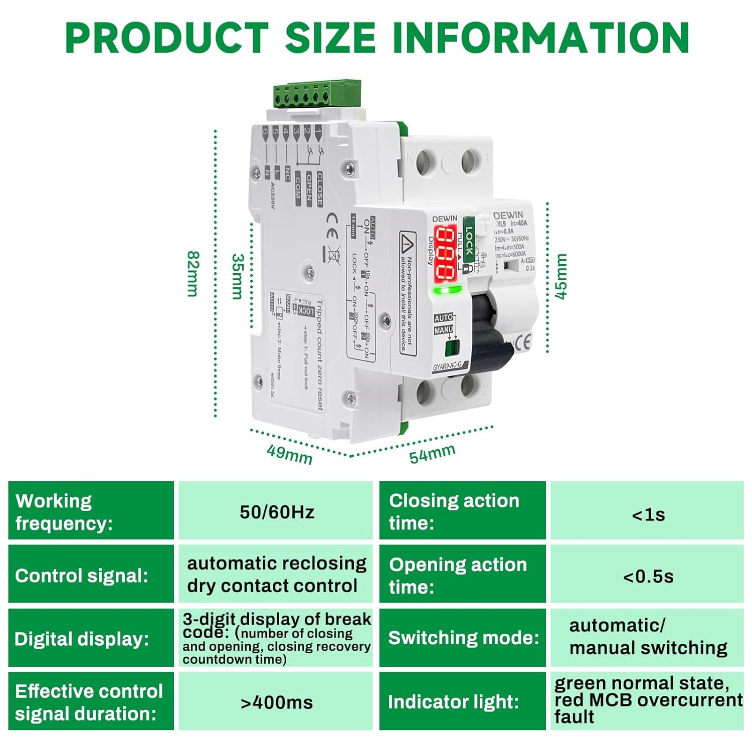 Tabella delle informazioni e delle specifiche delle dimensioni del prodotto