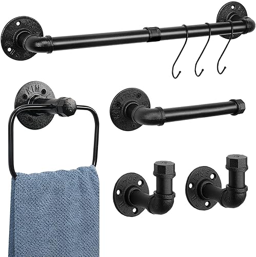 Miniatura 9 de Juego de toallas de hierro industrial, accesorios de baño, accesorios de pared, 5 piezas, incluye toallero, soporte para papel higiénico y 3 ganchos