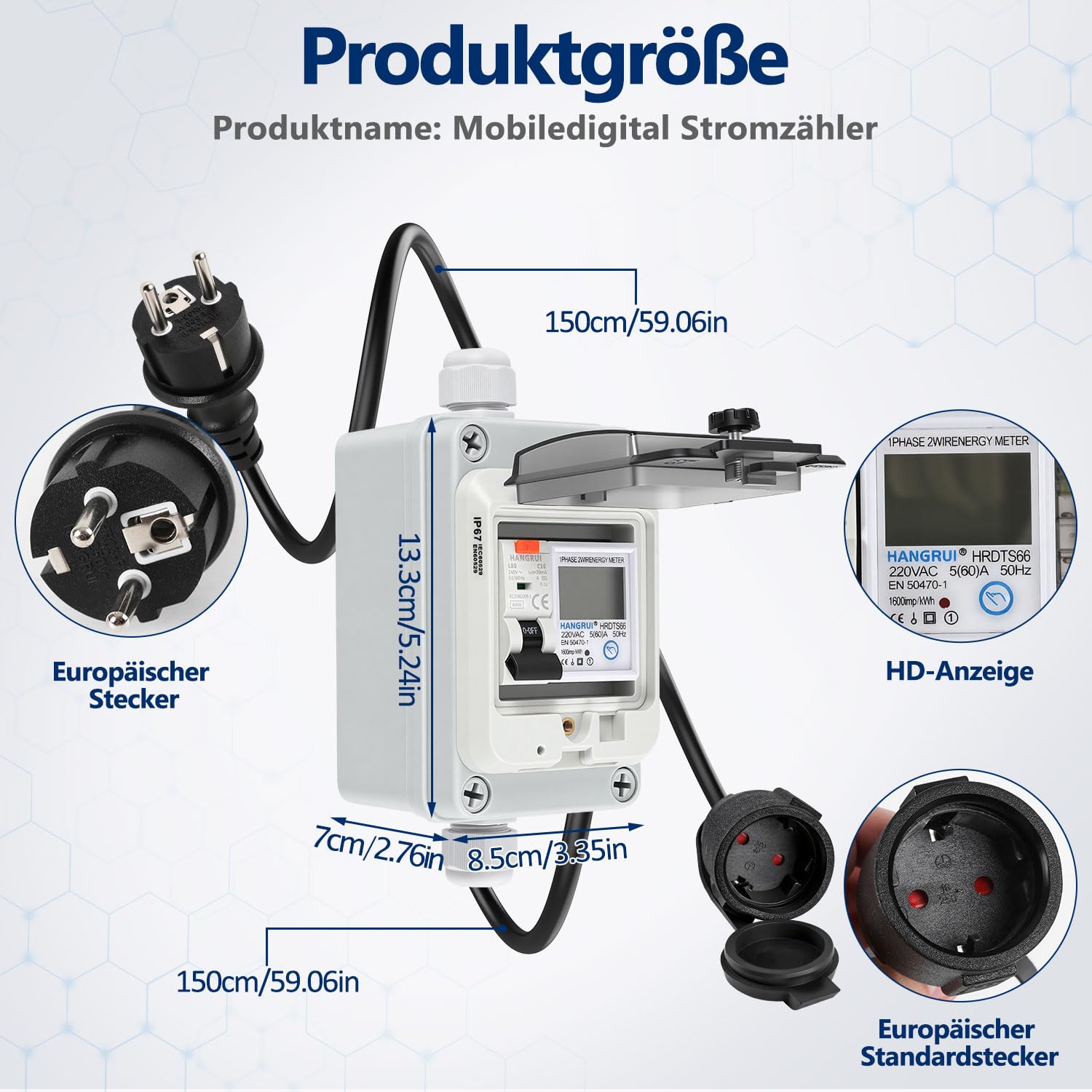 Contador de electricidad móvil 230 V 16 A con interruptor de circuito FI | Indicador LED con función de memoria, botón de reinicio y 2 cables de 1,5 m