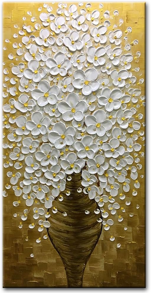 Desihum-Canvas Wall Art Vertical White Flower Painting Hand Painted Pictures for Home Decoration (24x48 inch)