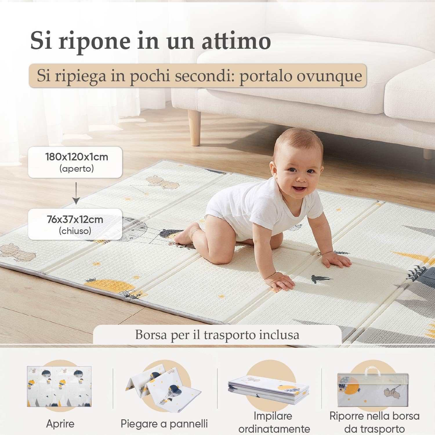 Tappeto Gioco Bambini Pieghevole con Trasportino | Alta Densità XPE Schiuma Non Tossica, Impermeabile e Facilità di Pulizia | Tappeto Neonato Gattonamento da Terra Imbottito 180×120 cm