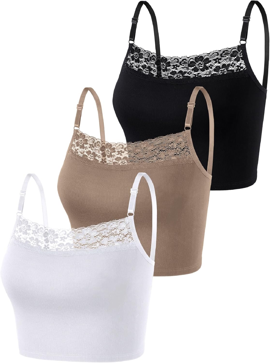 Bencailor 3 Pieces Lace Camisole Crop Top Lace Half Cami Breathable Basic Cami Spaghetti Tank Top for Women