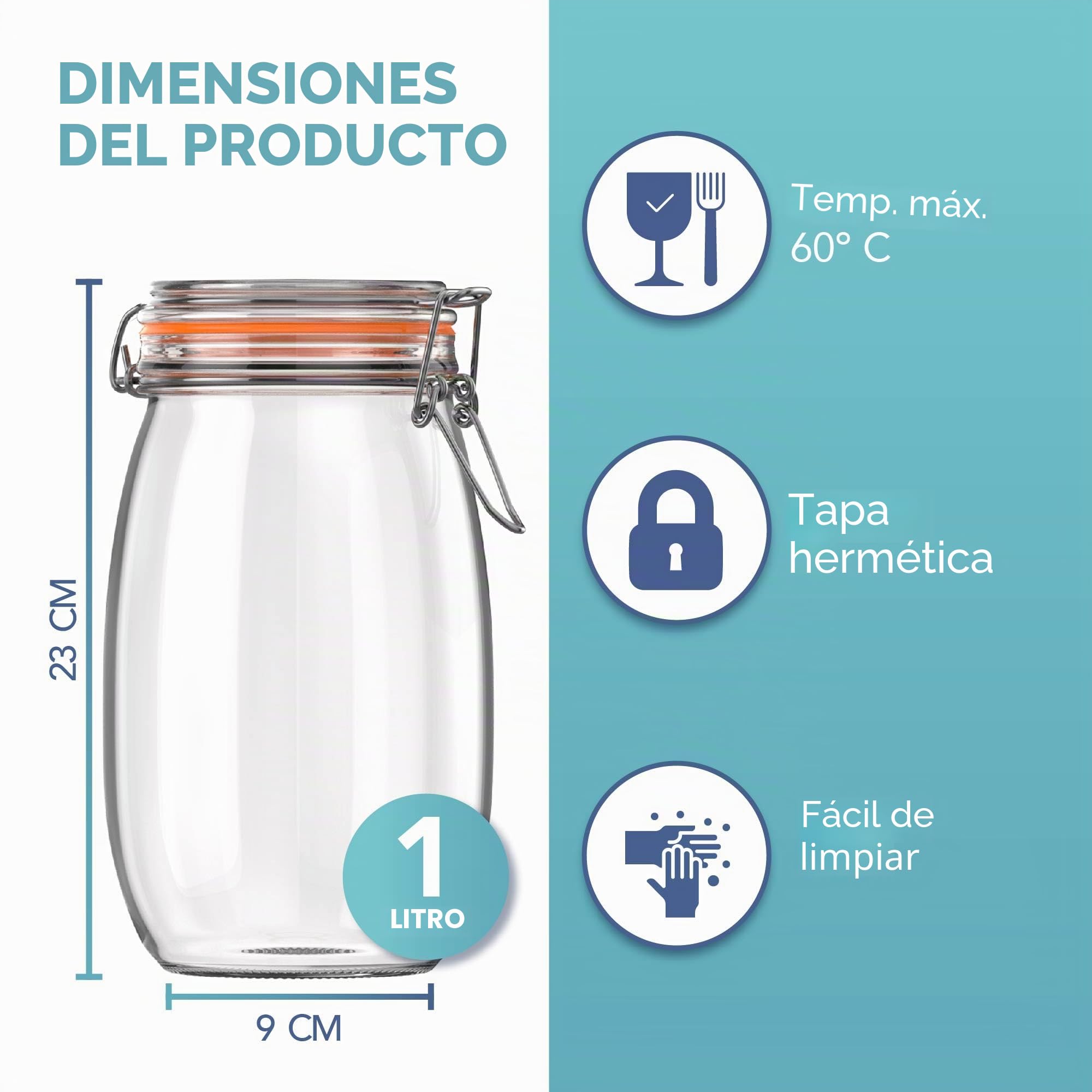 HEFTMAN Juego de 6 tarros de vidrio herméticos de 1 litro con tapas y sello de silicona, para pasta, granos de café, iniciación de masa madre, juego de tarros de almacenamiento de alimentos