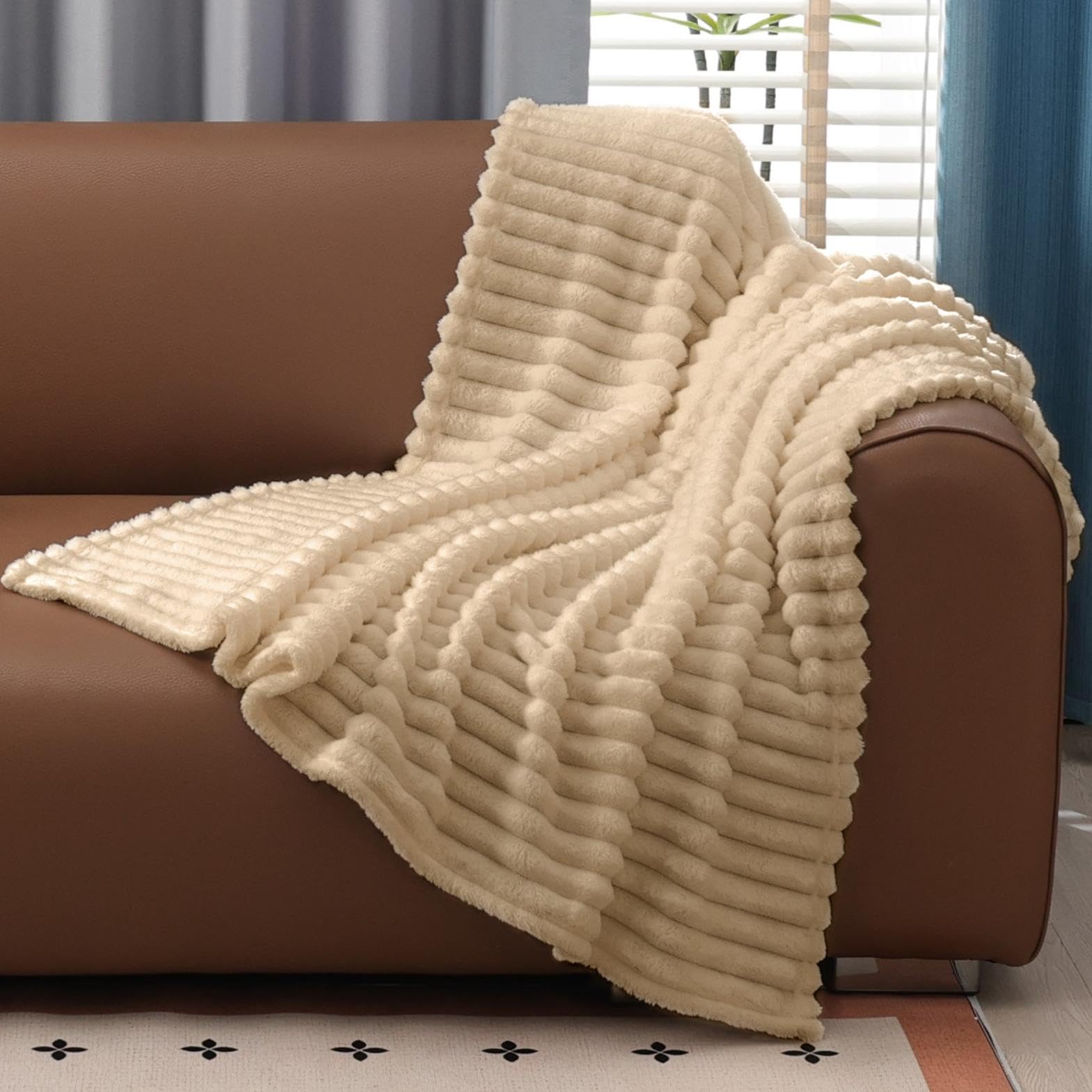 ORINOVA Beige Fleece Fluffy Striped Throw Blanket for Couch Bed 60x80 Furry Fuzzy Soft Blanket for Living Room Adults Gift Home Decorative Decor 300