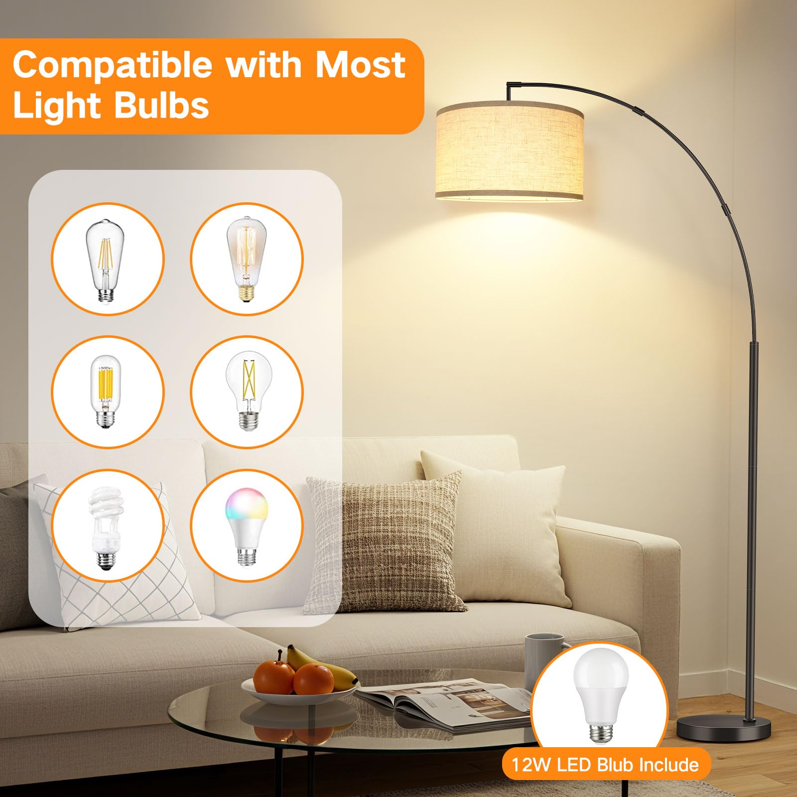 OUTON Lampada da Terra ad Arco, Lampada ad Arco Moderna con Telecomando e Interruttore a Pedale, Paralume Beige da 40cm, Lampadina E27, Piantana LED da 205cm per Soggiorno, Camera da Letto, Ufficio