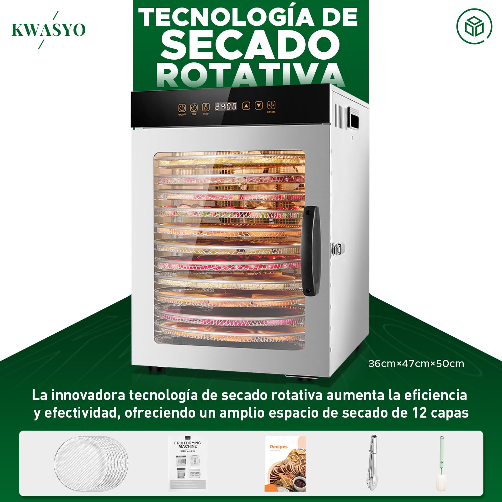 Kwasyo Deshidratador de Alimentos de Acero Inoxidable con 12 Rotar Bandejas, 1000W Secado eficiente de 720° con doble ventilador, Temporizador Temperatura Ajustabledeshidrata fruta, carne, verduras