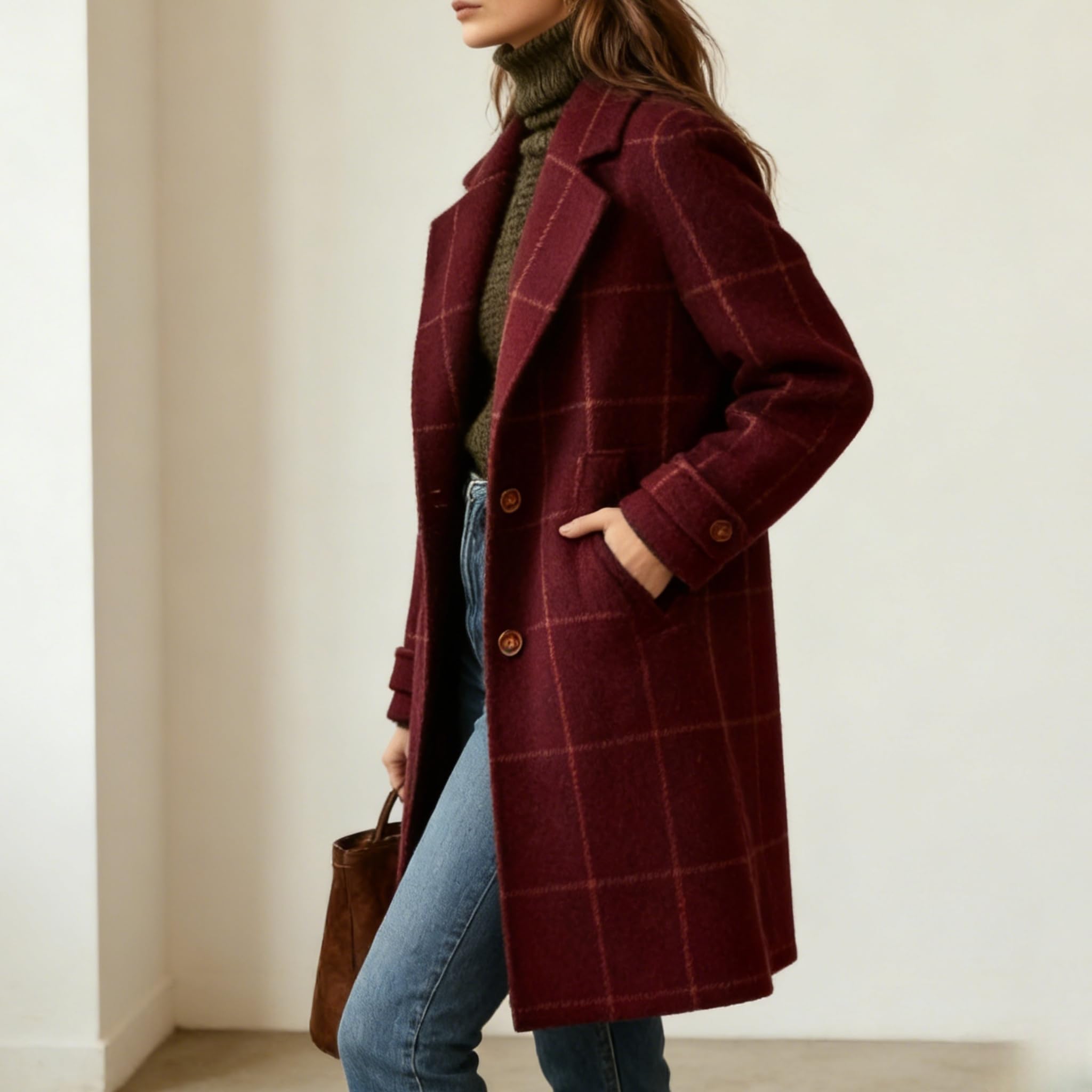 Abrigo De Invierno De Mezcla De Lana para Mujer Cuello con Muescas Botonadura Sencilla Chaqueta De Longitud Media Abrigo Retro A Cuadros Abrigo Tipo Guisante Talla Grande Elegante para Otoño E Invi