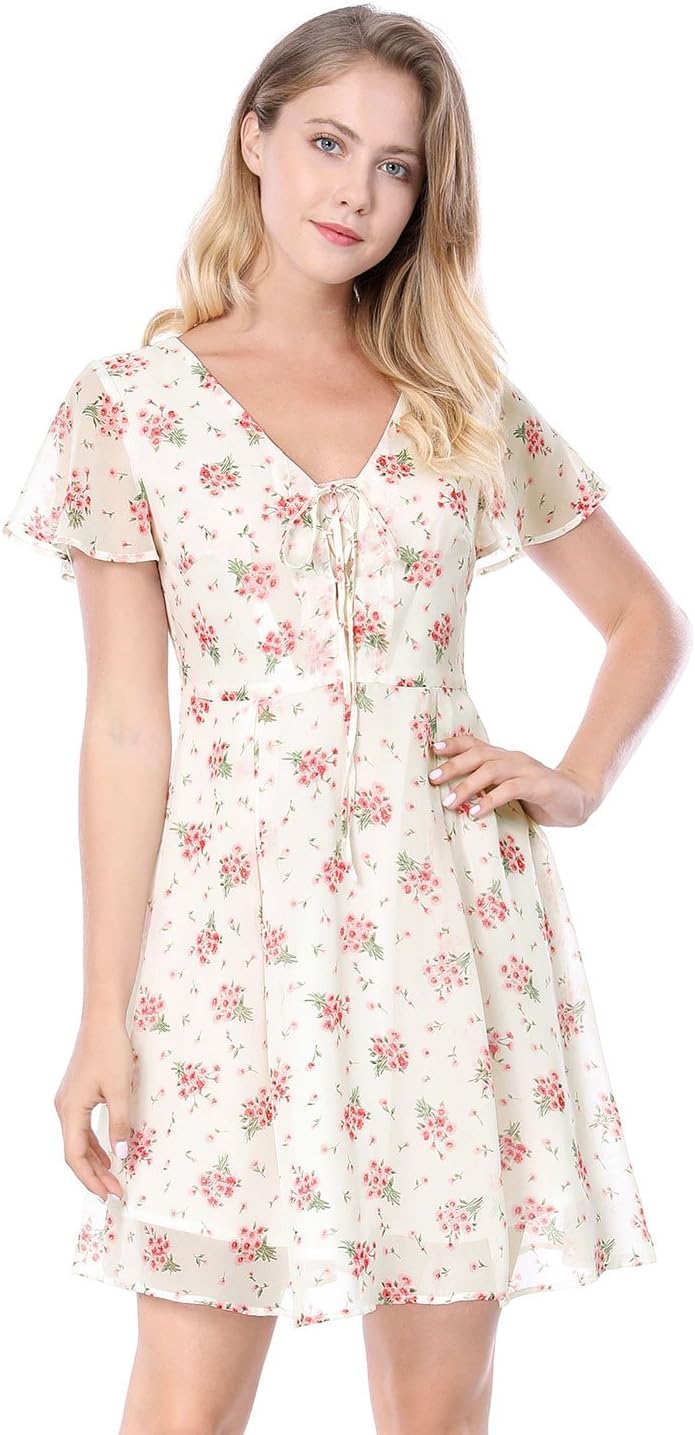 Allegra K Women's Floral Printed Spring Summer Flare Short Sleeve Lace-up V Neck Chiffon Dress - Image 3