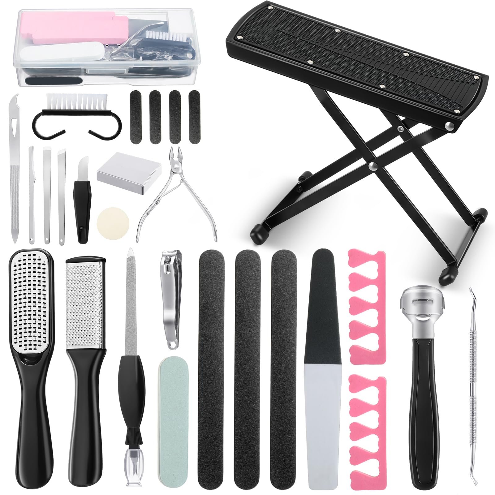 Gisafai 27 Pcs Pedicure Kit Professional Pedicure Tools Pedicure Foot Rest Foot Scrubber Dead Skin Remover Non Slip Pedicure Stand Foot Care Kit for Home Salon Care Men Women Foot Callus Remover