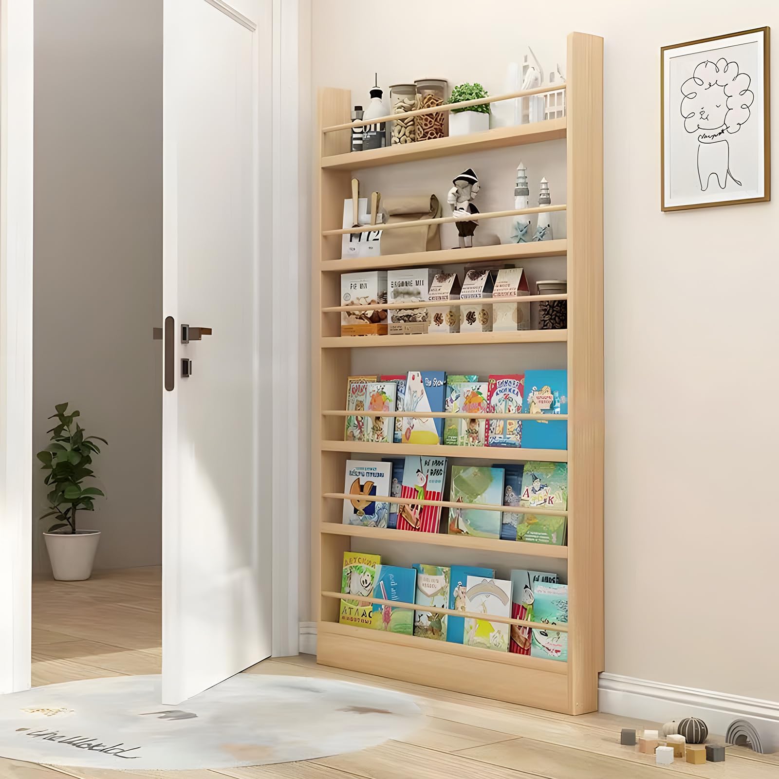 YKLYTBD Behind The Door Bookshelf, Wooden Behind Door Bookshelf 6-Tier, Space-Saving Kids Bookcase Book Shelf Organizer Storage for Toys and Books