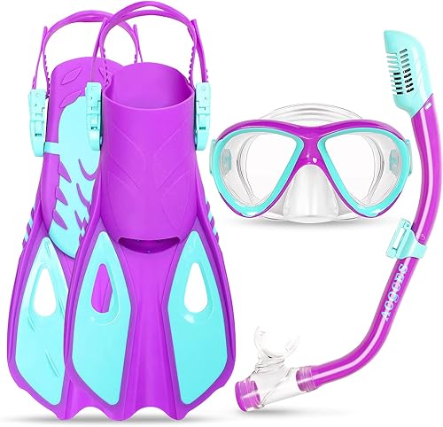 Miniatura 10 de Snorkeling Gear for Kids Ages 5-15, 4 in 1 Mask Fins Snorkel Set with HD Tempered Glass Panoramic View Anti-Fog Mask, Dry Top Snorkel, Adjustable