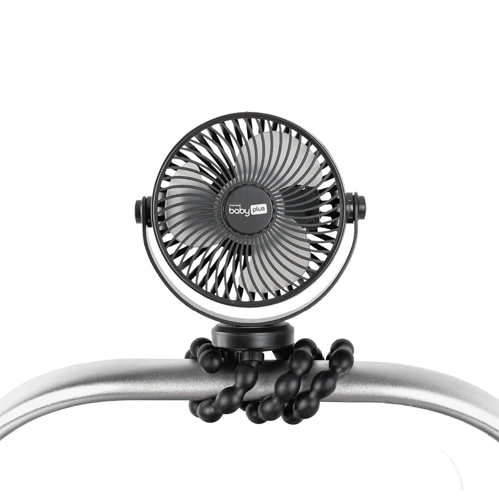 baby plus Rechargeable Stroller Fan - Black Portable Mini Pram Fan - 3 Speed Settings, 360° Rotation and Quiet Motor for Pushchairs, Cots and Desks - Includes USB Type-C Cable