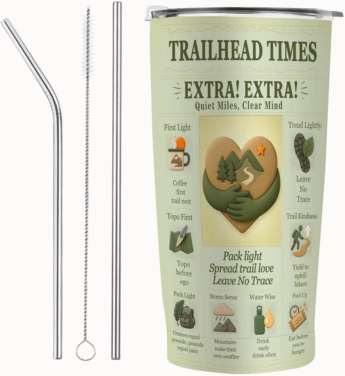 Hiking Tumbler 20oz Stainless Steel Travel Mug – Mountain Hiker Art, Trail Poster Style, Camping & Outdoor Adventure Gift for Men & Women