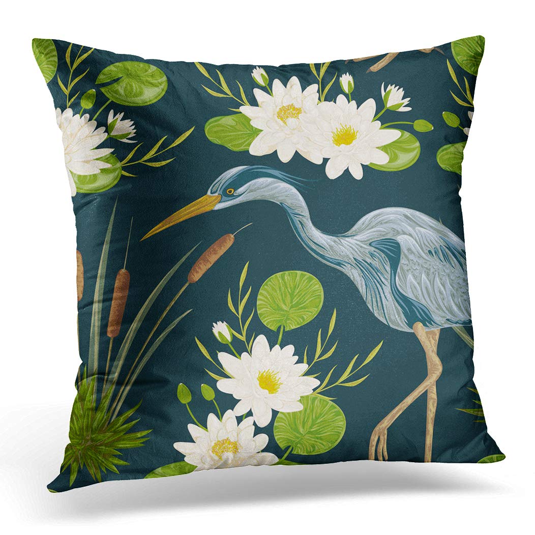Awowee Cushion Cover 45x45cm/18x18inches Heron Bird Water Lily and Bulrush Swamp Flora Fauna Home Decor Throw Pillow Cover Square Pillowcase for Bed Sofa