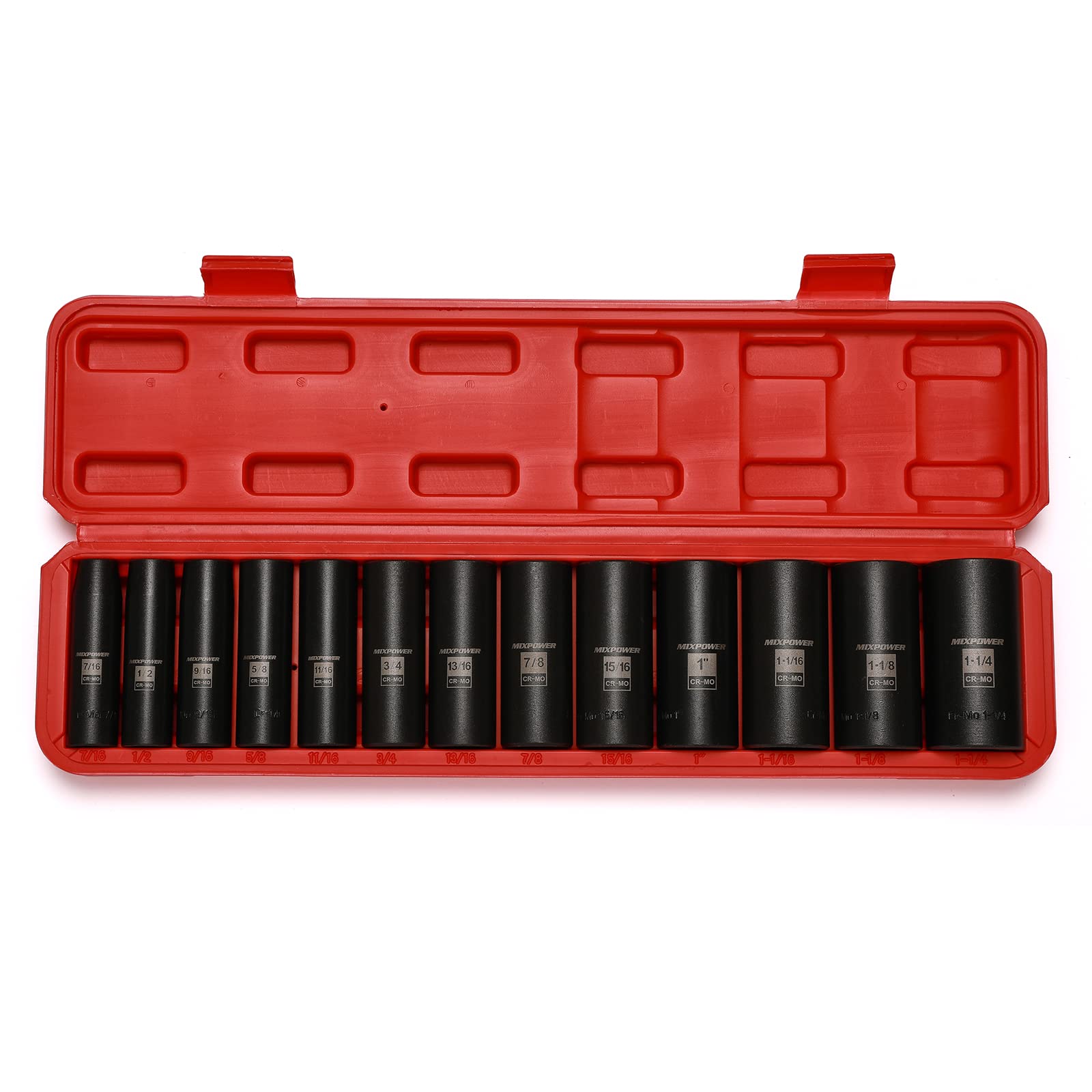 MIXPOWER Juego de 13 zócalos de impacto profundo de impulsión de 1/2 pulgadas, 7/16 "-1-1/4 ", acero Cr-Mo, SAE, 6 Piont, grado de impacto, caja de almacenamiento resistente