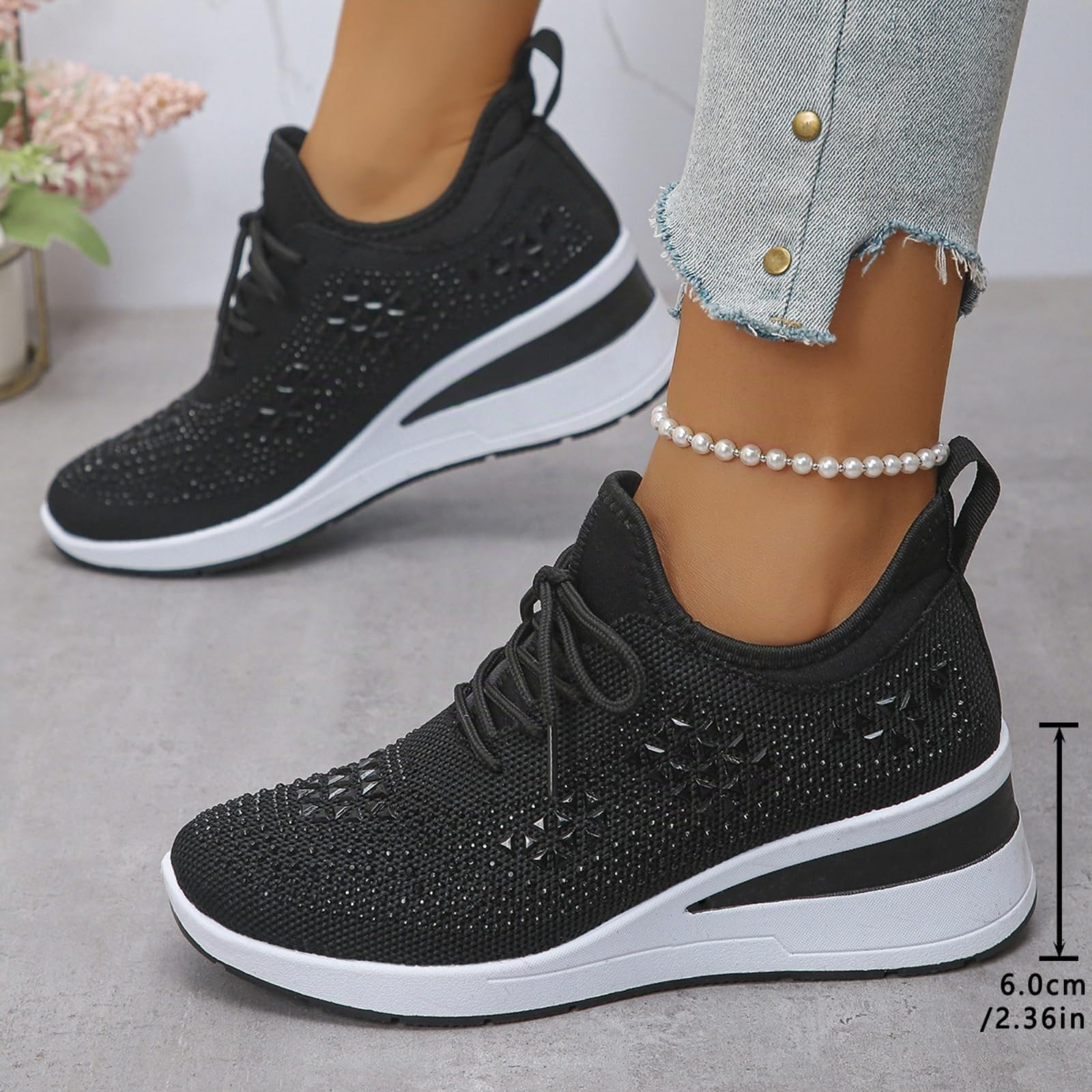 Zapatillas de cuña transpirables con diamantes de imitación brillantes para mujer, con cordones, plataforma de cuña con cuentas de diamantes de imitación, zapatillas cómodas y brillantes