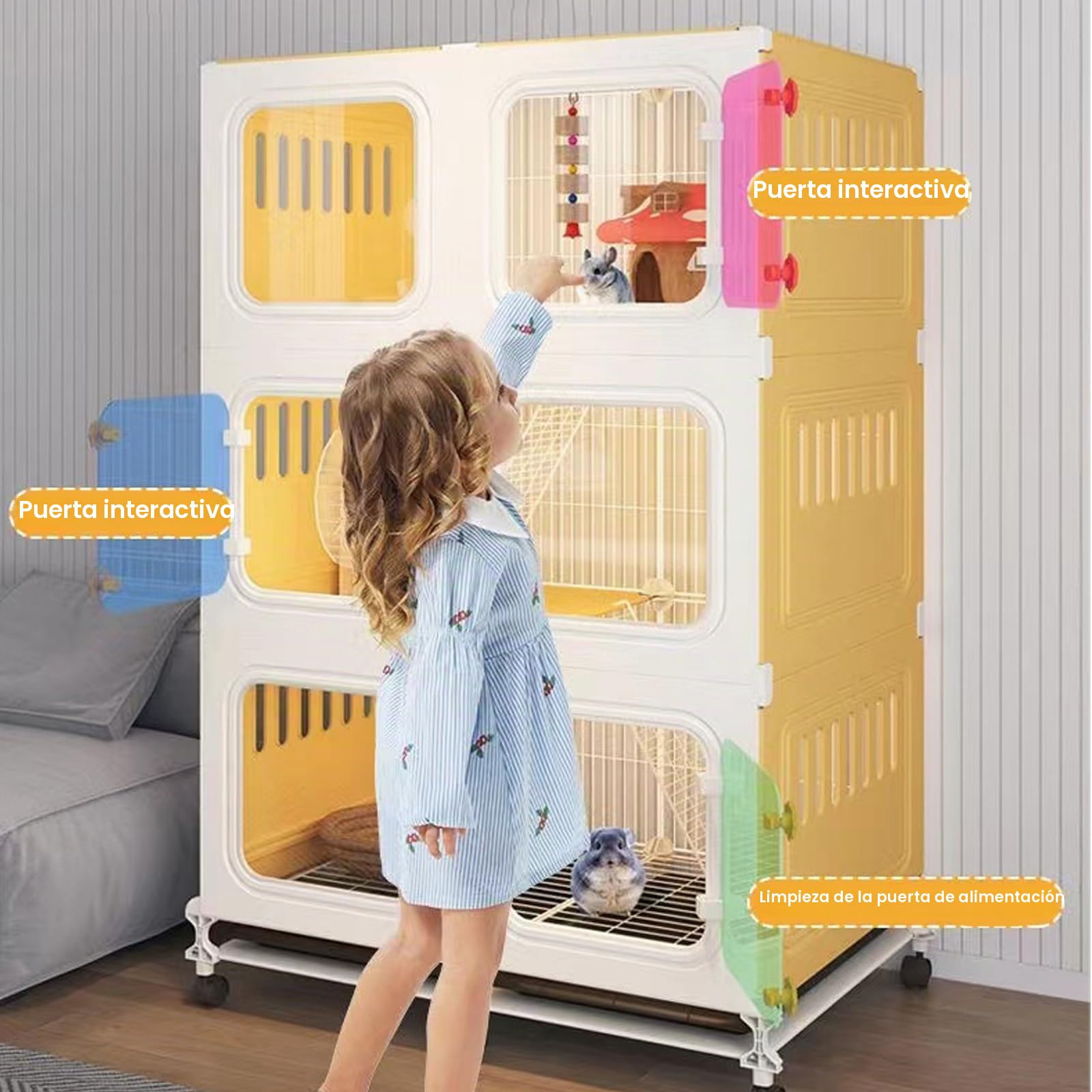 Jaula cerrada para animales pequeños, jaula para conejos de interior con bandeja extraíble extra grande de 360°, rueda universal panorámica transparente para conejo, hurón, chinchilla