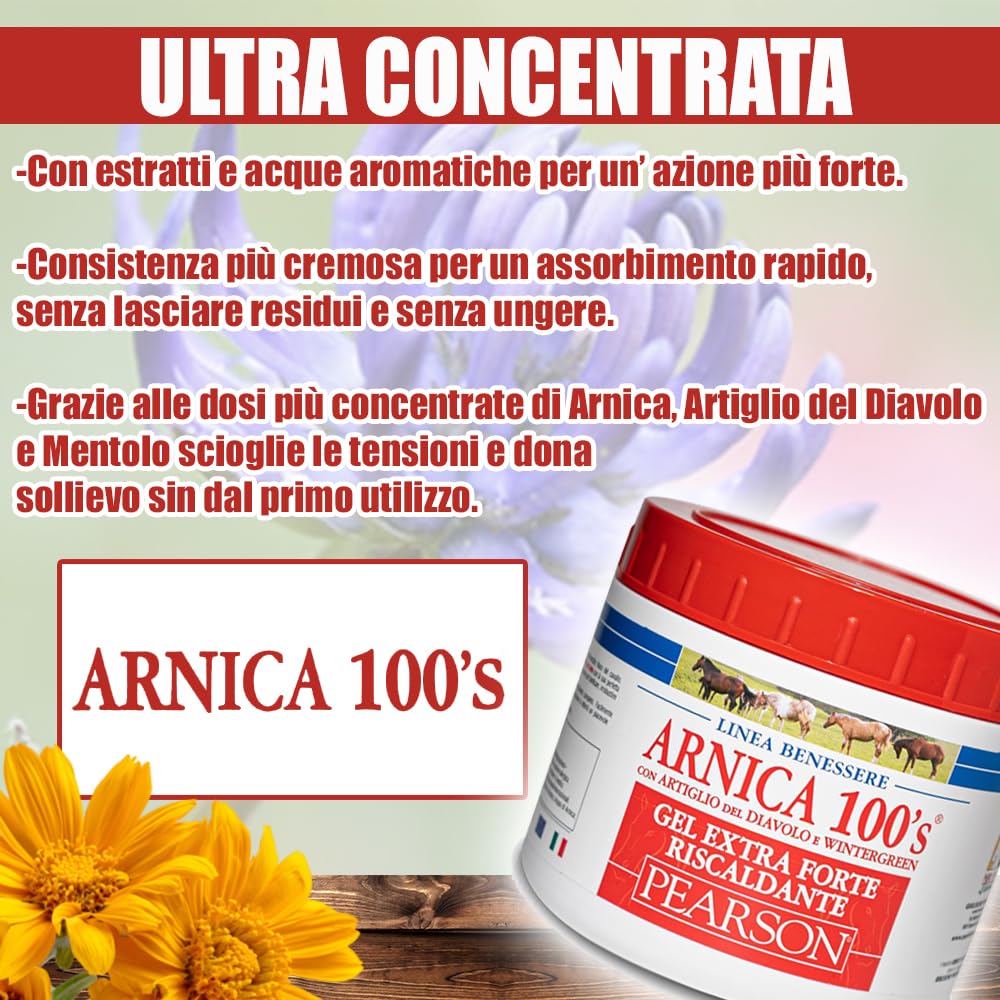 ARNICA 100'S - Arnica pour chevaux, Gel chauffant extra-fort Pearson [500ml]. Crème à l'arnica Gel fort griffe du diable et menthol. Pommade défatigante et relaxante