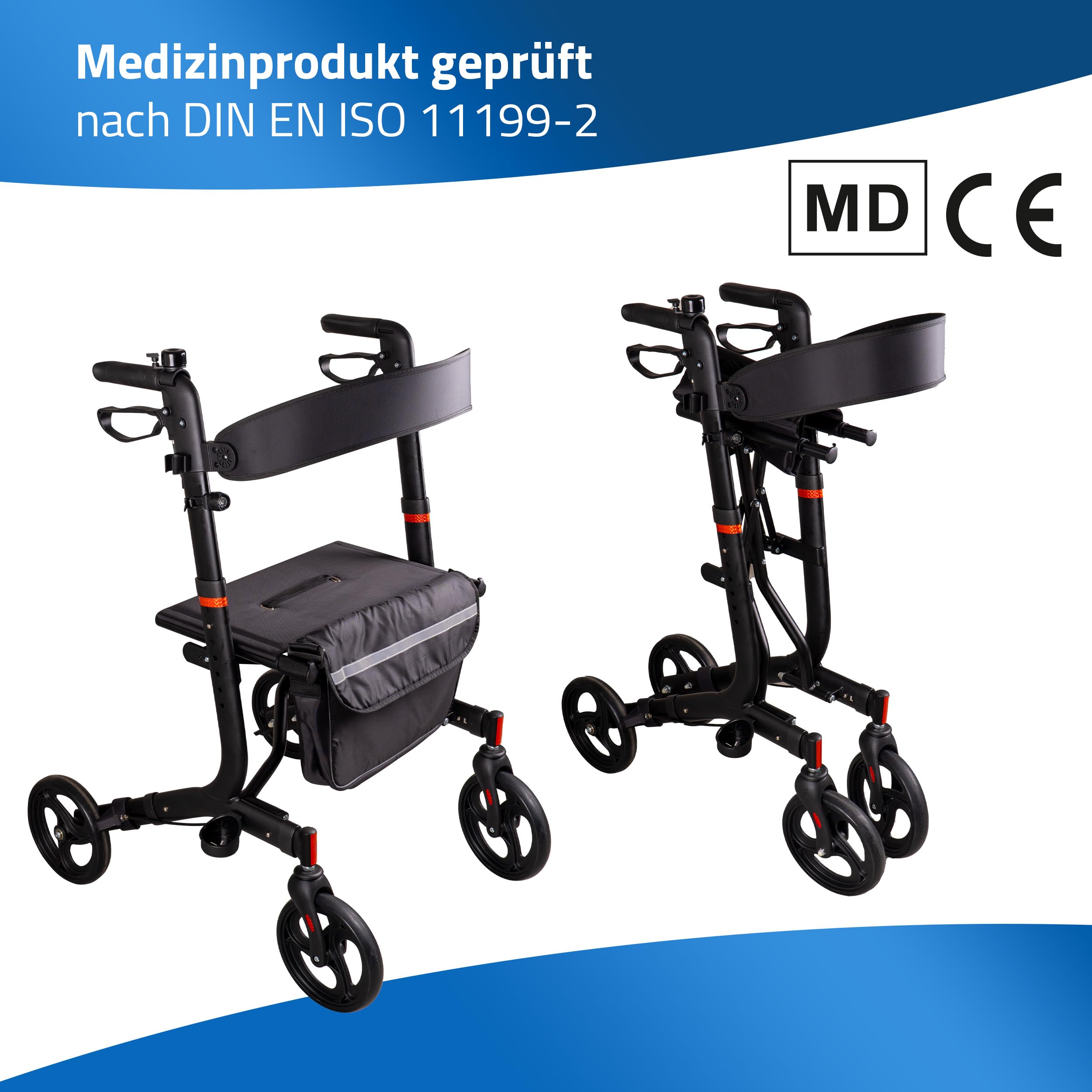 RIDDER – Deambulatore "Black Comfort" | Carrello pieghevole con manici regolabili in altezza, sedile largo e cintura per la schiena. Passeggiata con borsa per la spesa rimovibile e supporto per
