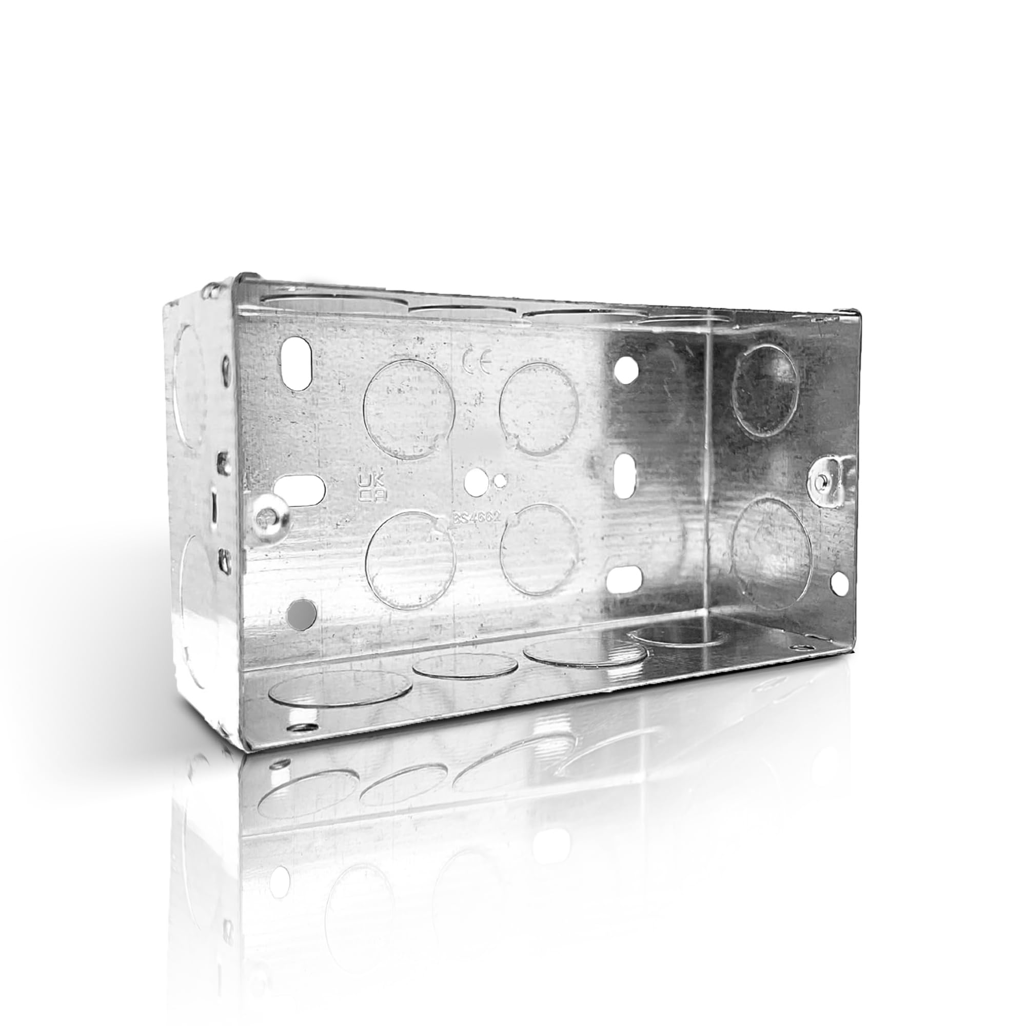 LampStation Metal Back Box | 2 Gang 47mm | Galvanised Steel Pattress Box for Electrical Sockets & Switches | Knockouts, Adjustable Lugs, Brass Earth Terminal | BS 4662 | 1 Pack