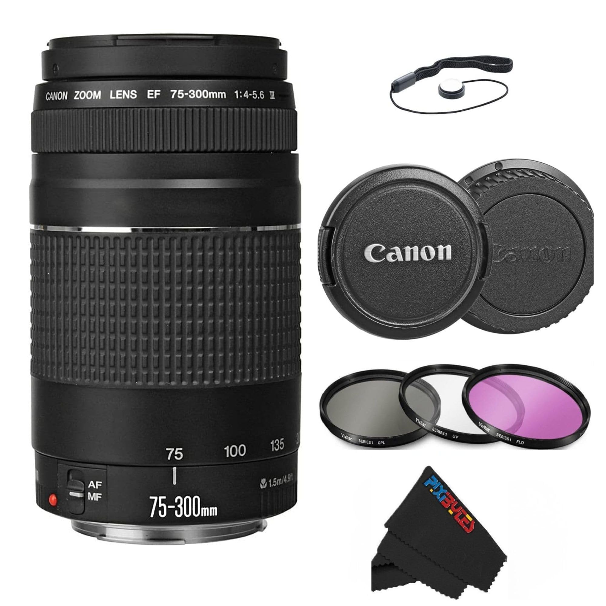 Canon EF 75-300mm f/4-5.6 III Telephoto Zoom Lens for Canon SLR Cameras, 6473A003 (Renewed) (Lens w/Pixibytes Advanced Bundle)