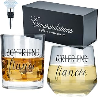 Engagement Gifts for Couples - Unique Fiance Gift for Him or Her! Whiskey Wine Glasses with Diamond Wine Stopper