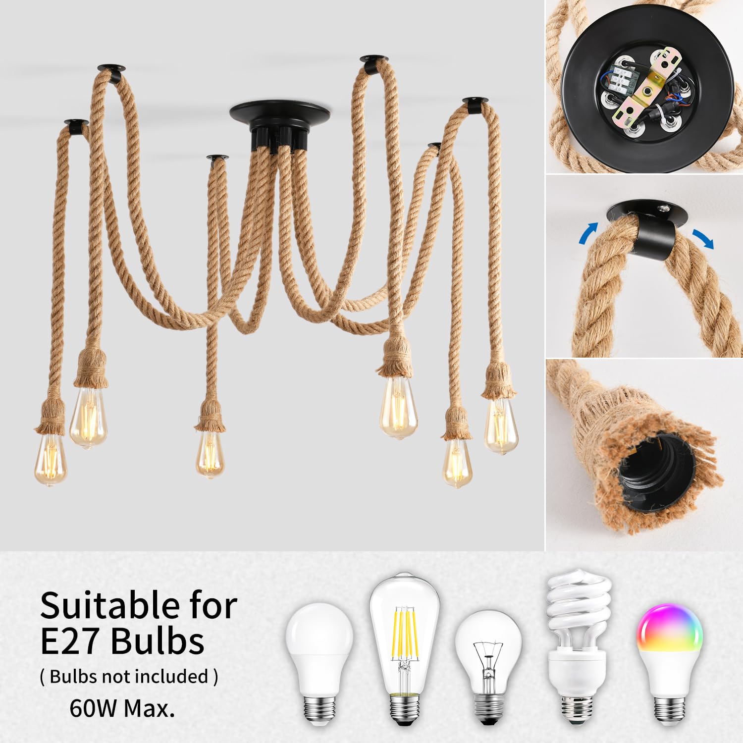 ANWIO Lampa sufitowa z liny konopnej, pająk, żyrandol, lina konopna, "zrób to sam", lampa sufitowa retro, lampa wisząca E27, do jadalni, salonu, jadalni, hotelu, dekoracja (6 żarówek)