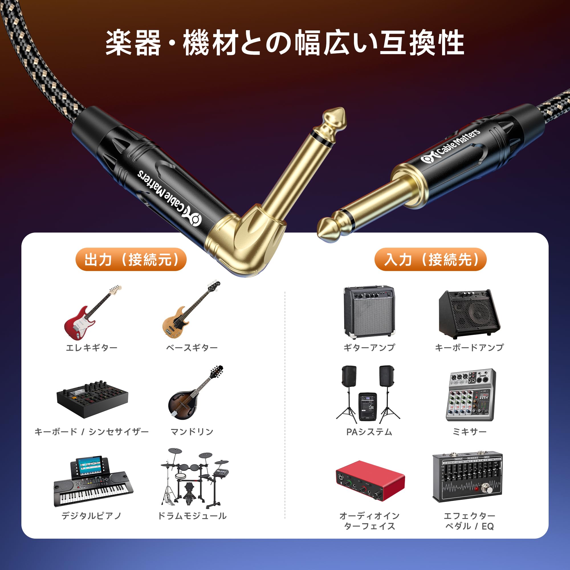 Amazon | Cable Matters 2本セット 編組ギターケーブル - 0.9m、ギター