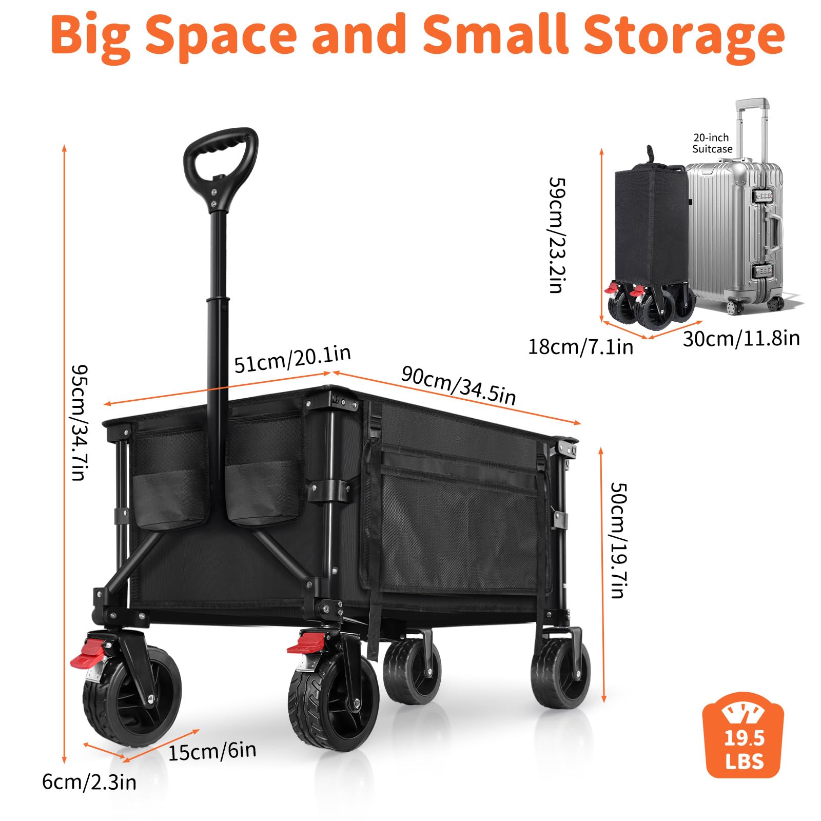 BELEEV Bollerwagen Faltbar mit Bremsen, Handwagen Faltbarer Groß XXL All Terrain Räder, Seitentasche, Getränkehalter, 100KG 130L Wagon Klappbar Kinder Strandwagen, Gartenkarre, Einkaufswagen, Camping