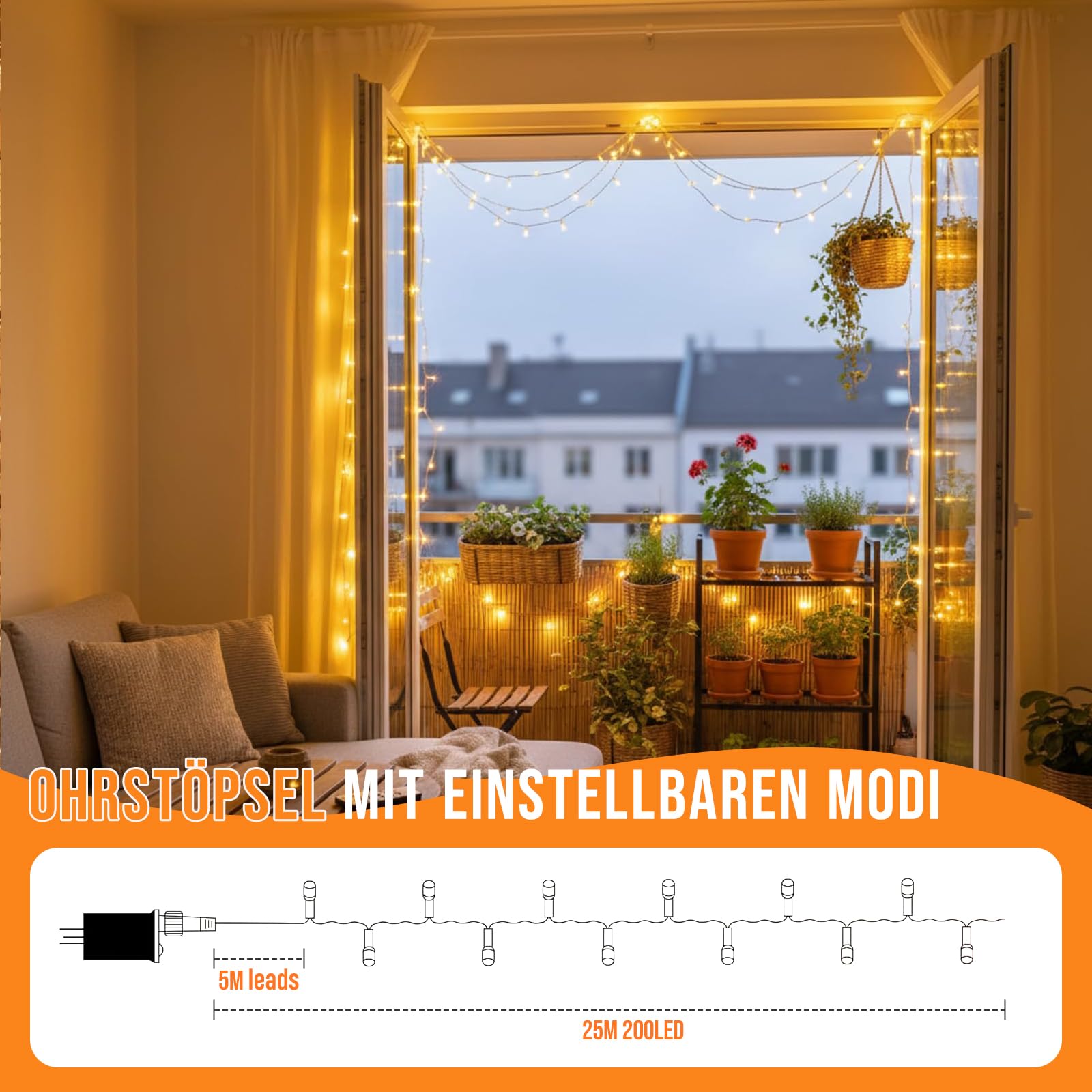 LED Lichterkette Außen 25m mit 200 Warmweißen LEDs, Strombetriebene Lichterkette für Innen & Außen, IP44 Spritzwassergeschützt mit Fernbedienung und Timer, 8 Leuchtmodi für Balkon Deko, Gartendeko