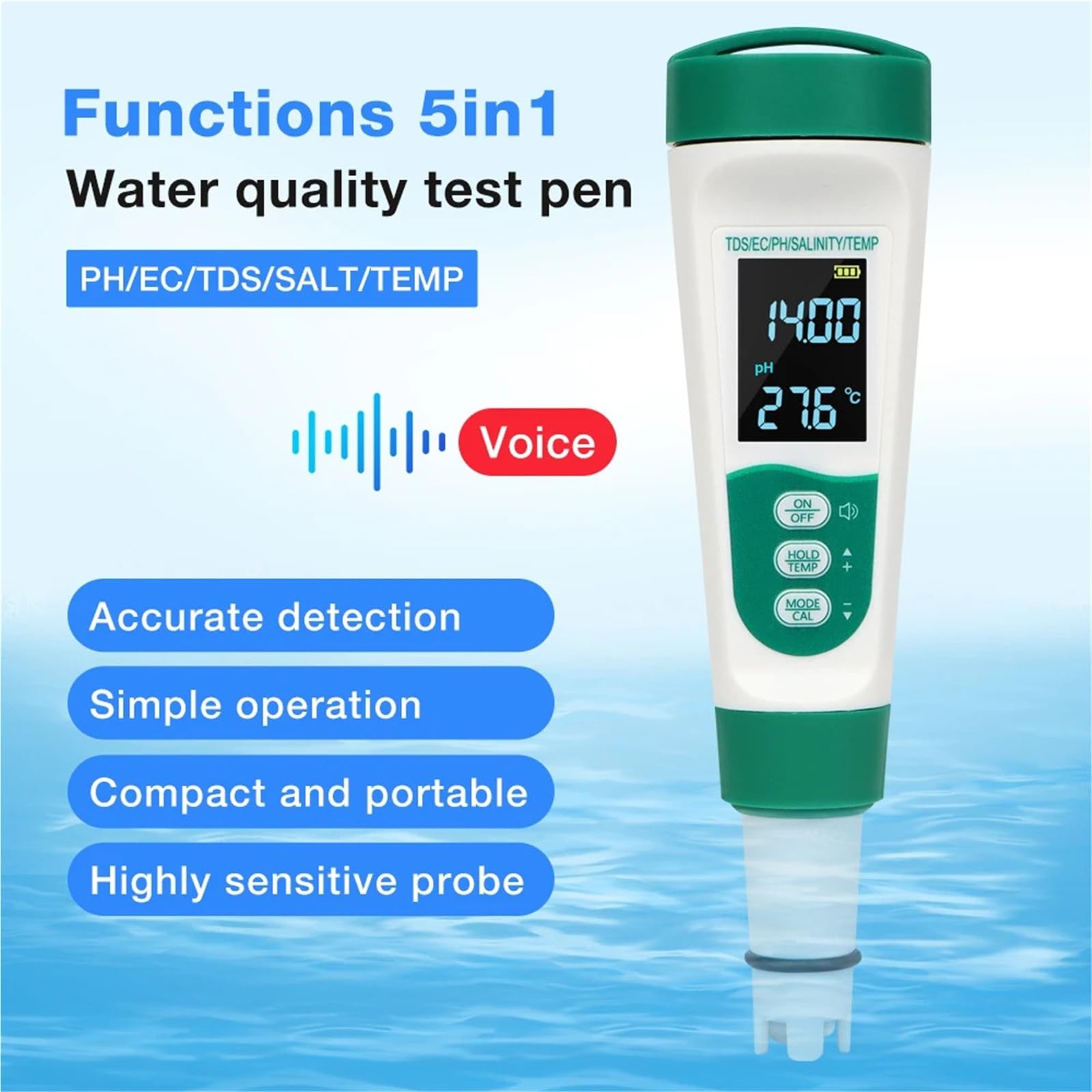 Testeur de pH 5 en 1, température, TDS, EC, salinité, Moniteur numérique Rechargeable qualité l'eau, testeur sel for Aquariums et piscines Précision portative