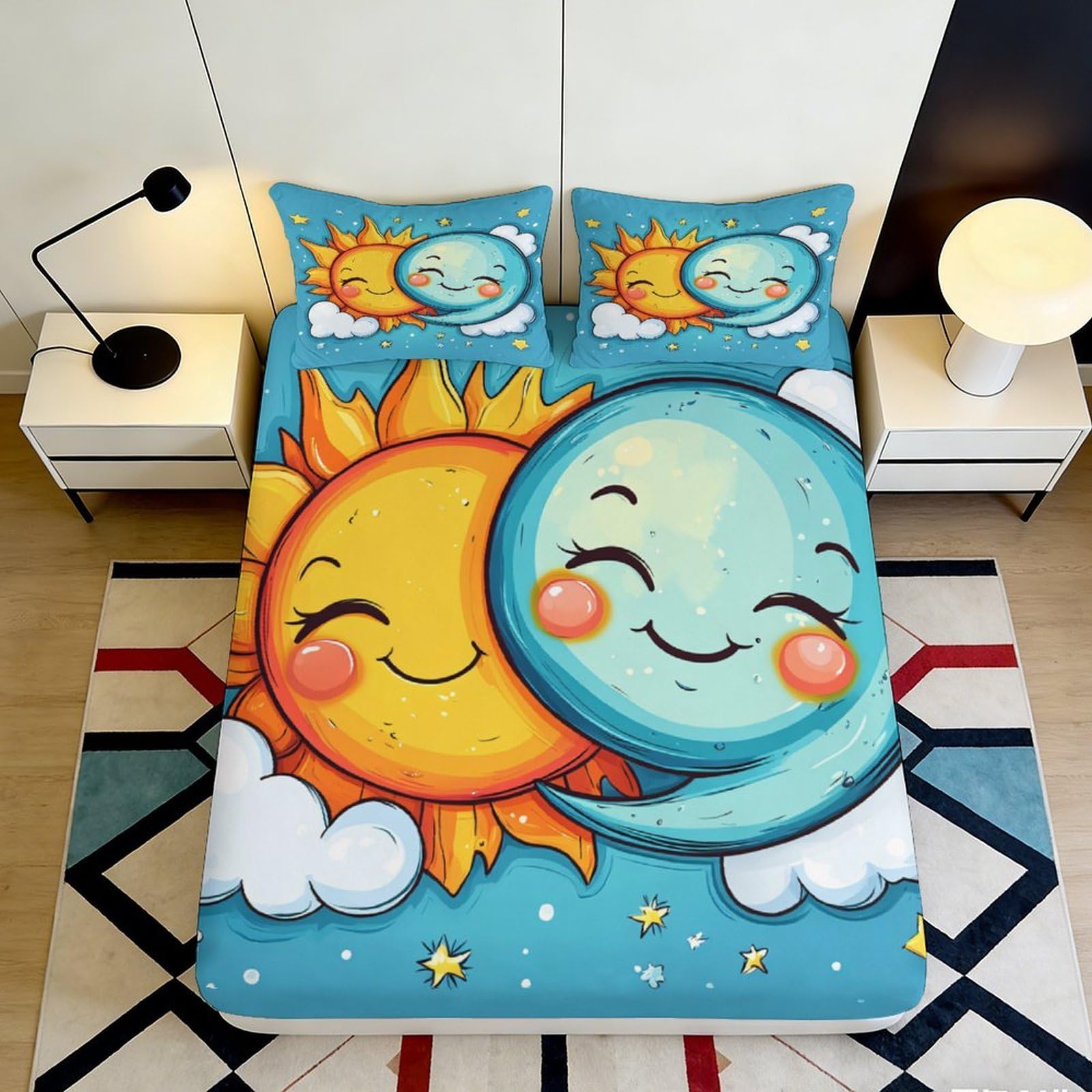 3D Printed Sun and Moon Fitted Sheet Microfiber Soft Breathable Celestial Mattress Cover for Bedroom Dormitory Guest Room Protection and Decor 140x200x25cm