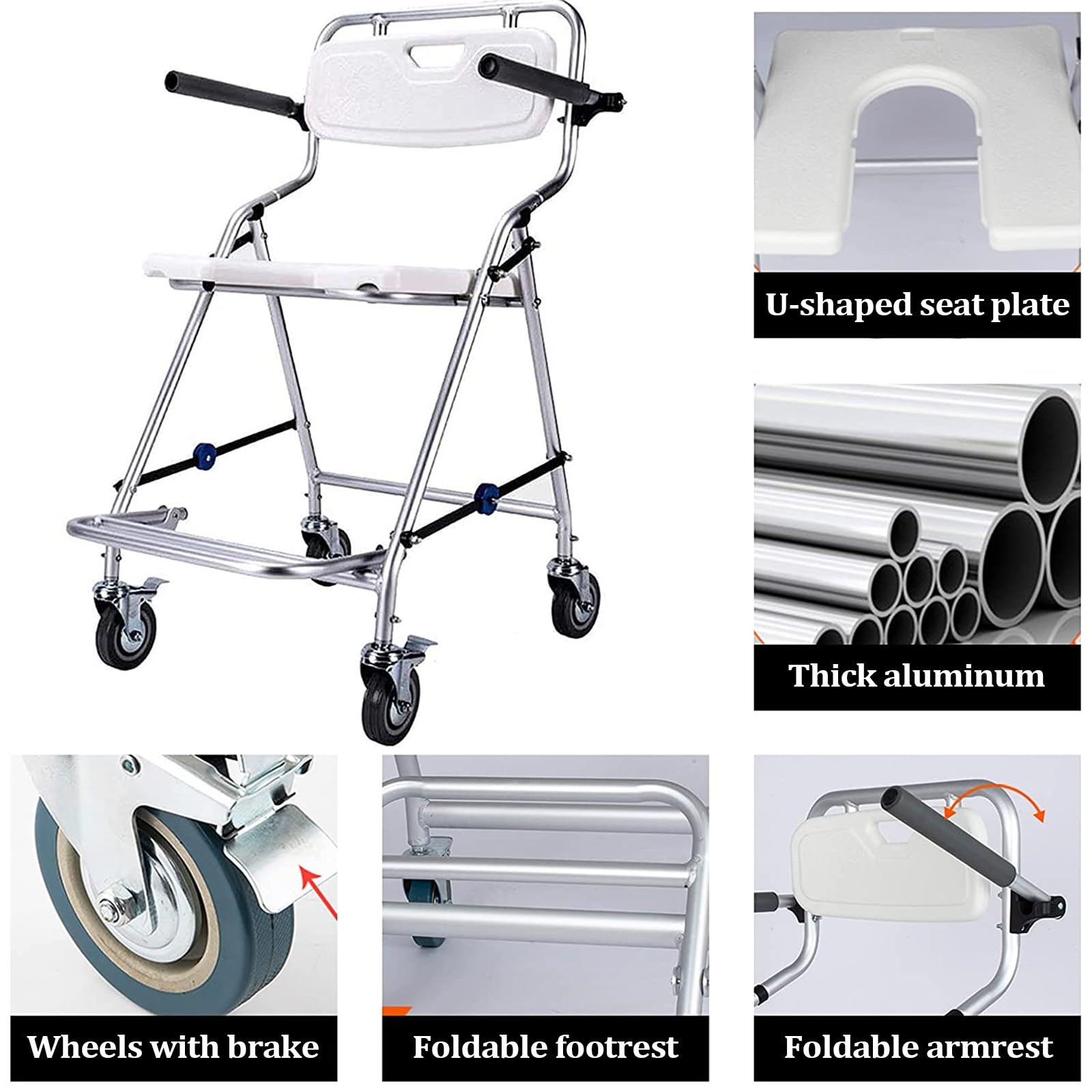Sedia da Doccia 150KG con Rotelle per Anziani e Disabili | Sedile da Sgabello Bagno Pieghevole, Sgabello Doccia con Braccioli e Schienale - Quattro Ruote con Freni, Antiscivolo