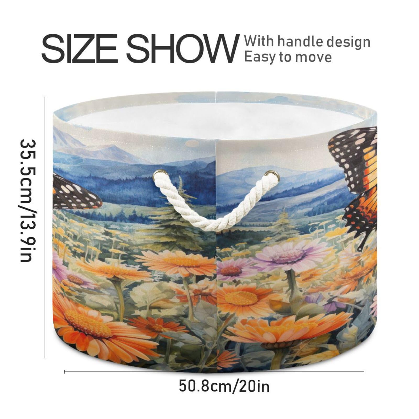 Round Orange and Black Butterfly Flower Storage Basket Large Organizer Bin Laundry Hamper Toy Storage Basket with Handle for Nursery Clothes Toys 202b4426